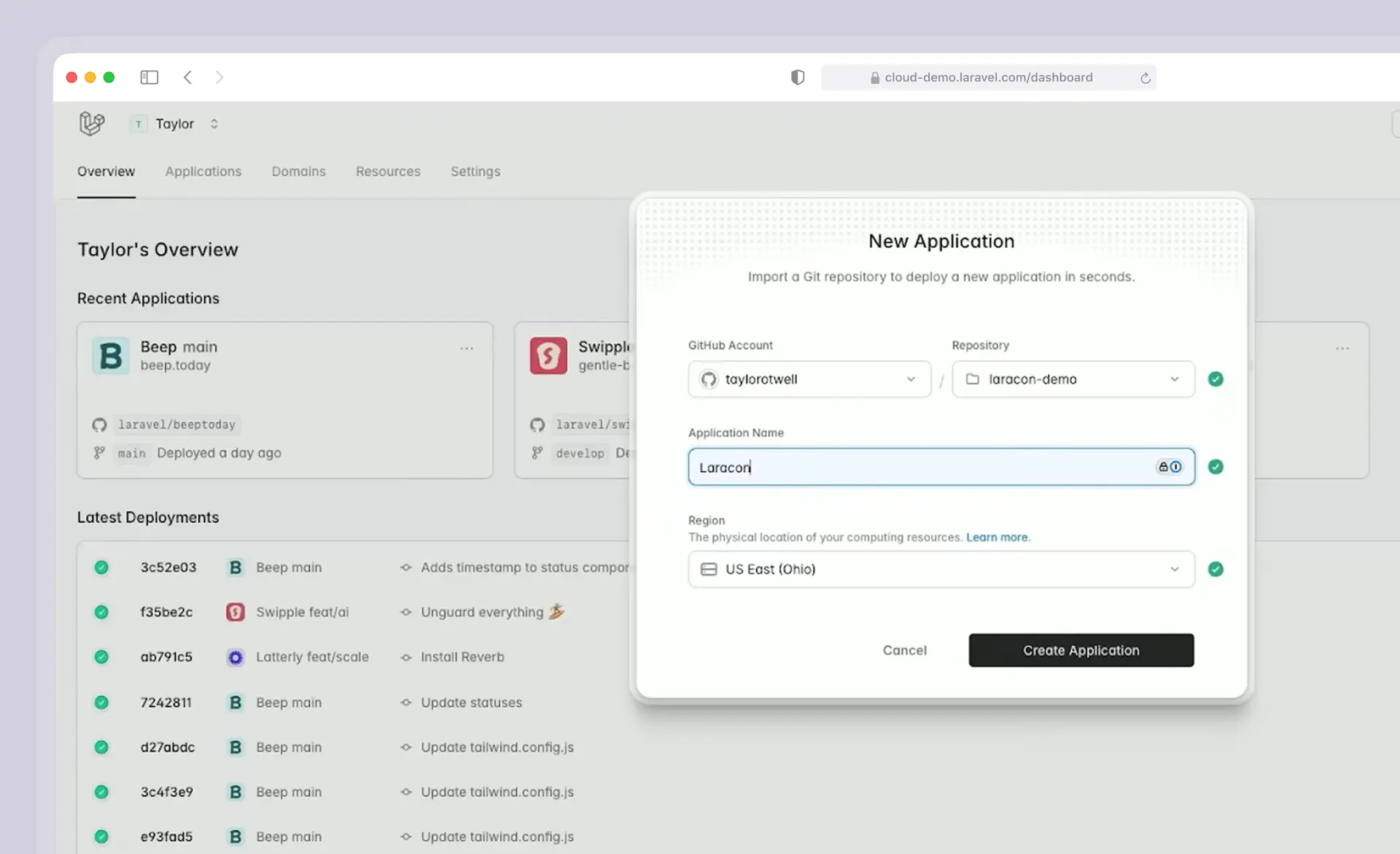 The image demonstrates a screen from Taylor Otwell’s presentation showing a demo of Laravel Cloud. Specifically, it features a window with the title "New Application," and a subheading: "Import a Git repository to deploy a new application in seconds." The screen also includes fields labeled: GitHub Account, Repository, Application Name, Region, along with buttons for "Cancel" and "Create Application."