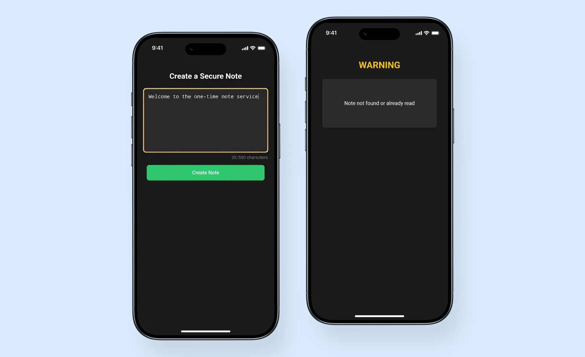 Two smartphone screens showing a secure note creation and warning message for note access, providing a telegram mini app example for private, one-time note sharing within the messaging platform.