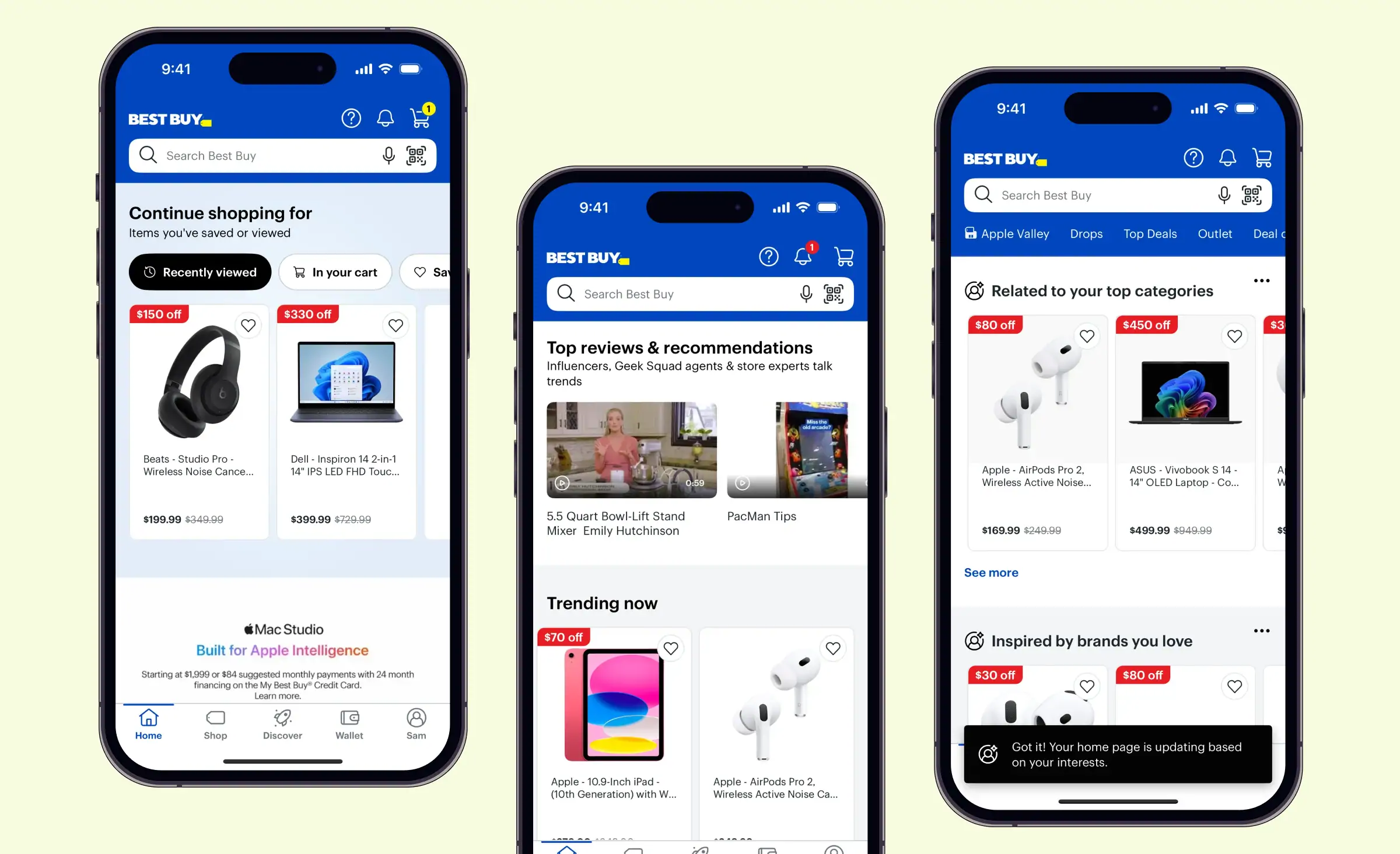 Screens of the Best Buy app showing the e-commerce recommendation engine