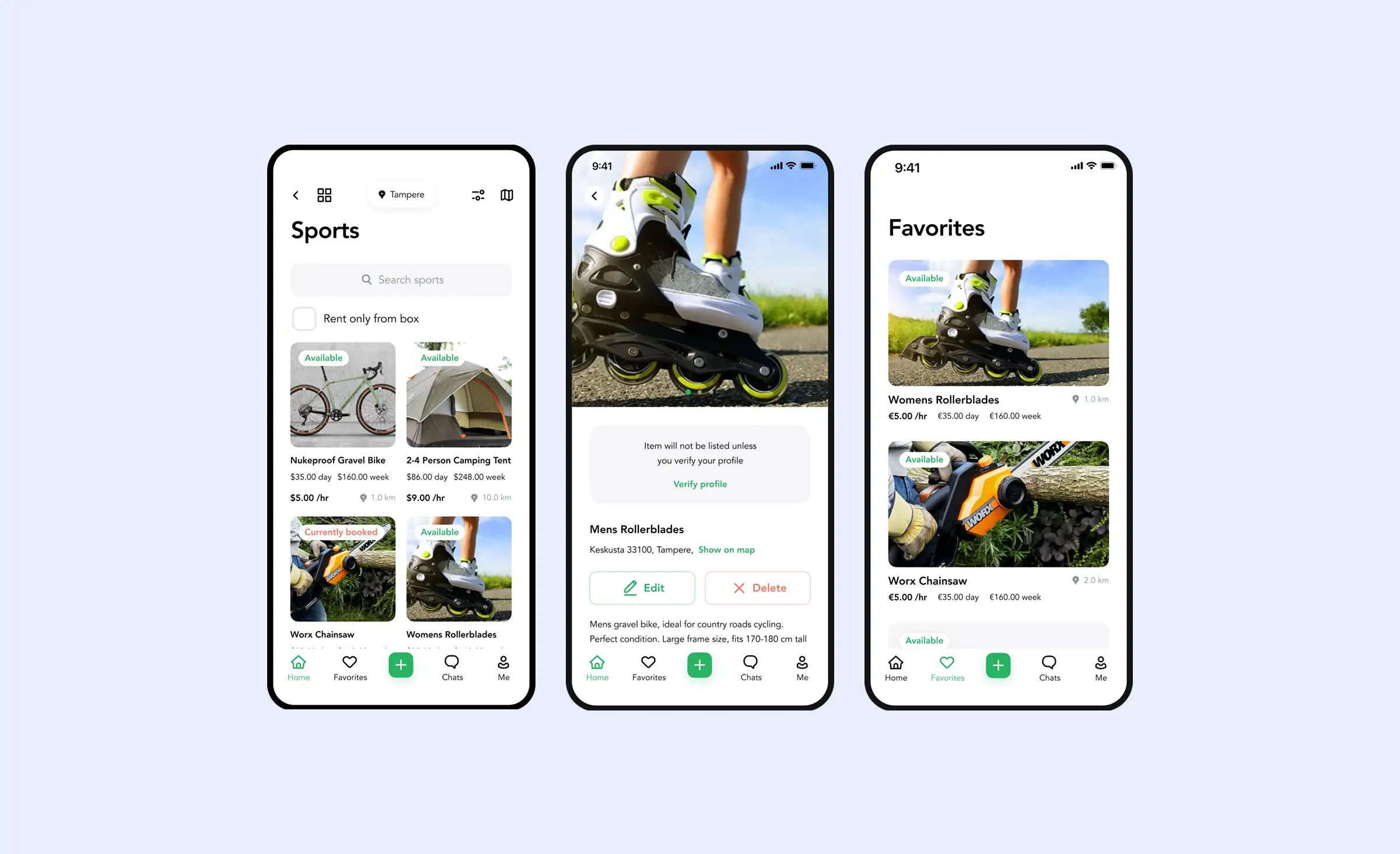 Lainappi app screens: category browsing, an item page with a profile verification prompt, and a favourites list