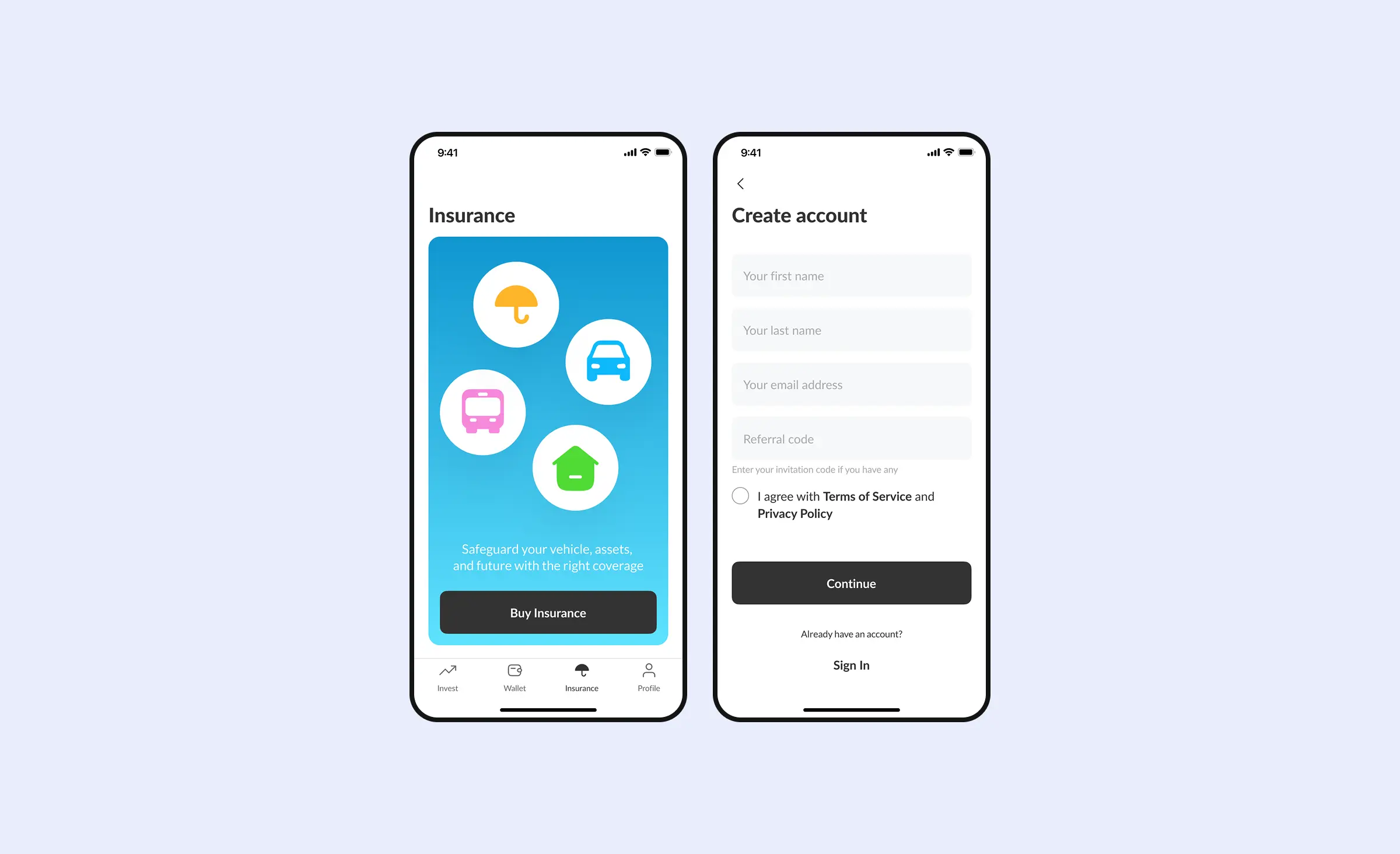Screens from a fintech app Ronas IT rebuilt end to end, with investing, wallet and insurance tabs