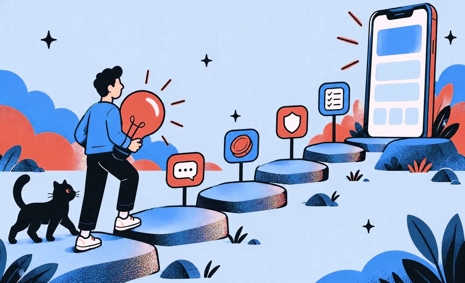 A founder carries a glowing lightbulb along stepping stones with chat, coin, shield and checklist icons toward a smartphone, a black cat alongside.