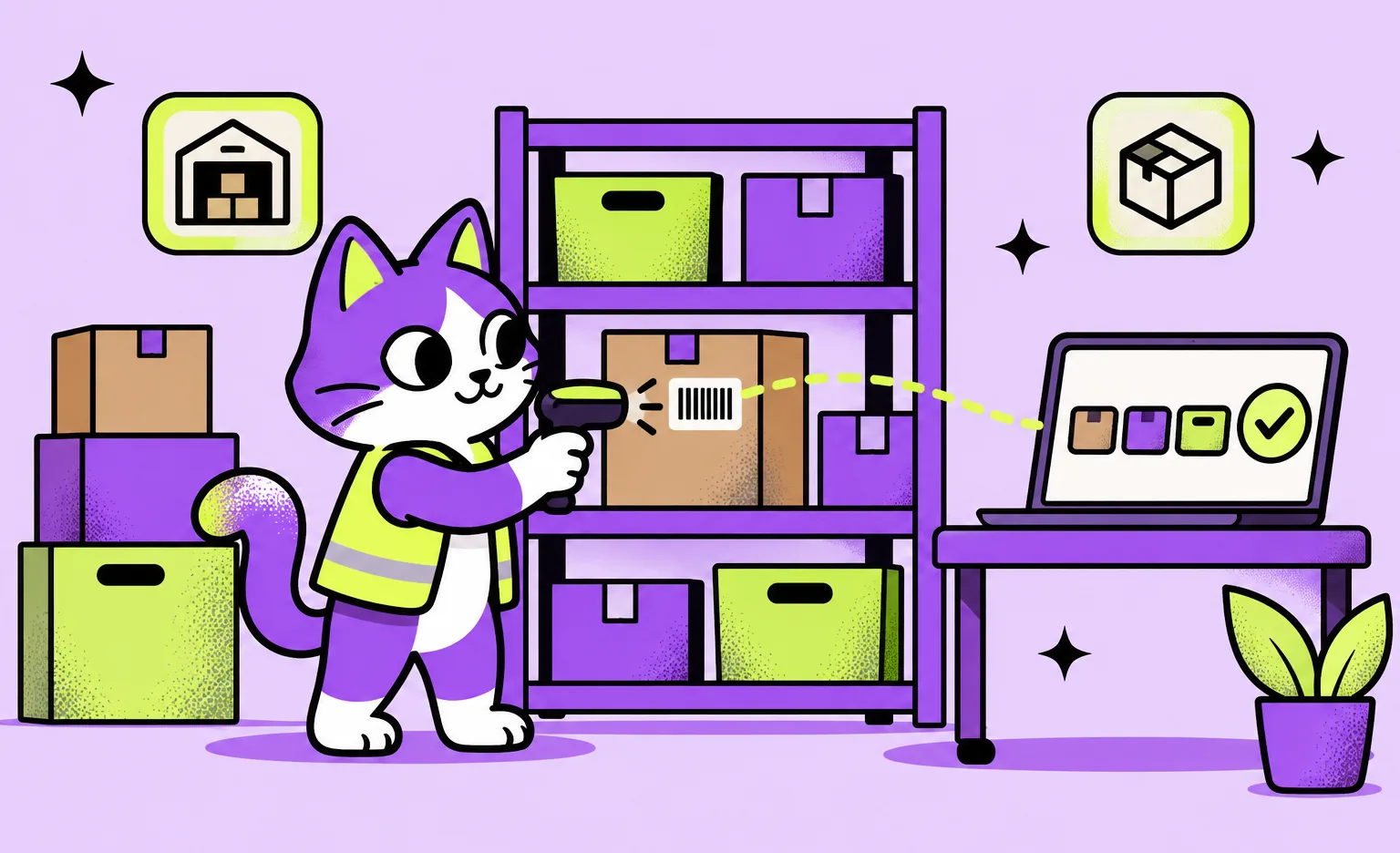 The Ronas IT cat mascot scans a box on a warehouse shelf, and a dashed line links the scan to a laptop showing box icons and a check mark