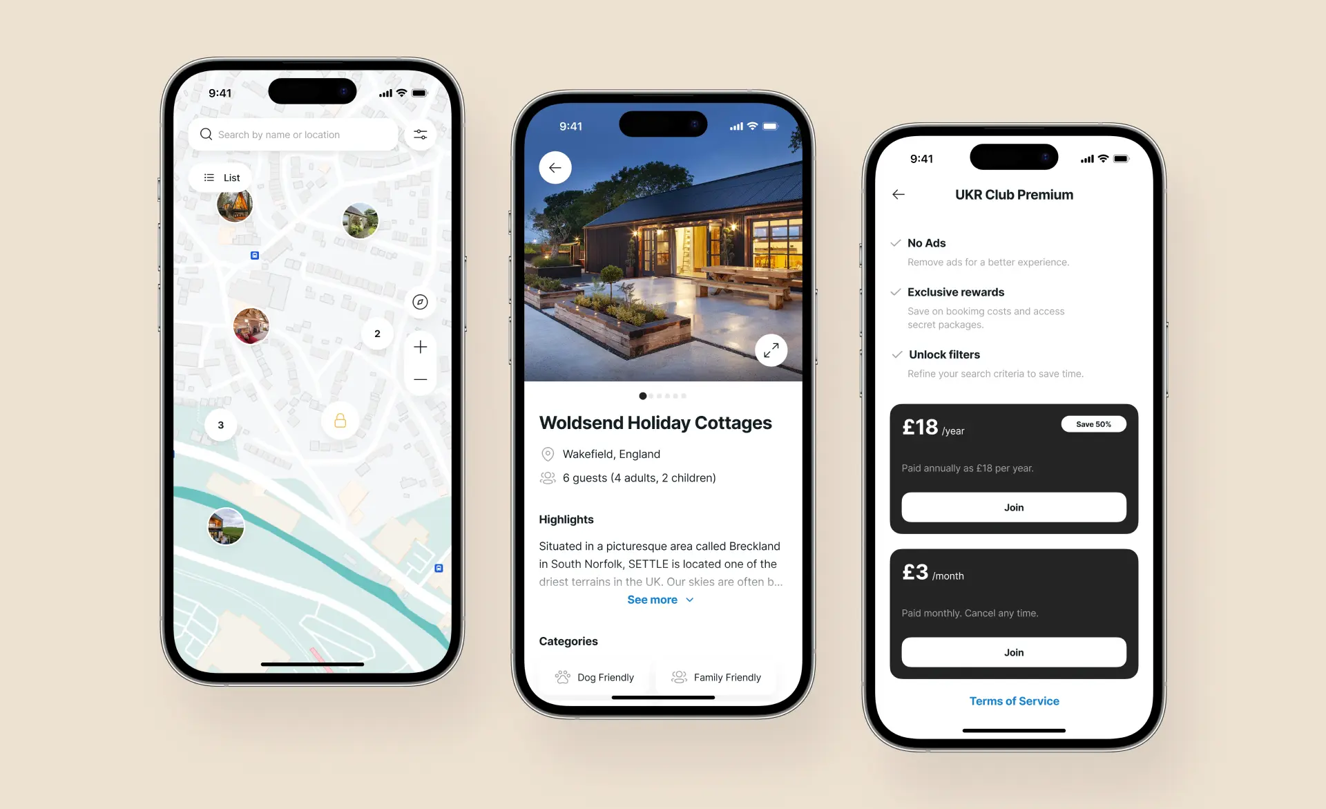 The illustration features three screens from the UK Retreats app: the first screen shows a map with accommodations, the second displays details of a specific cottage, and the third provides subscription details and pricing for the app. This app serves as a demonstration of how outsourcing software development for startups can help create an attractive and valuable product, which in turn can attract new customers.
