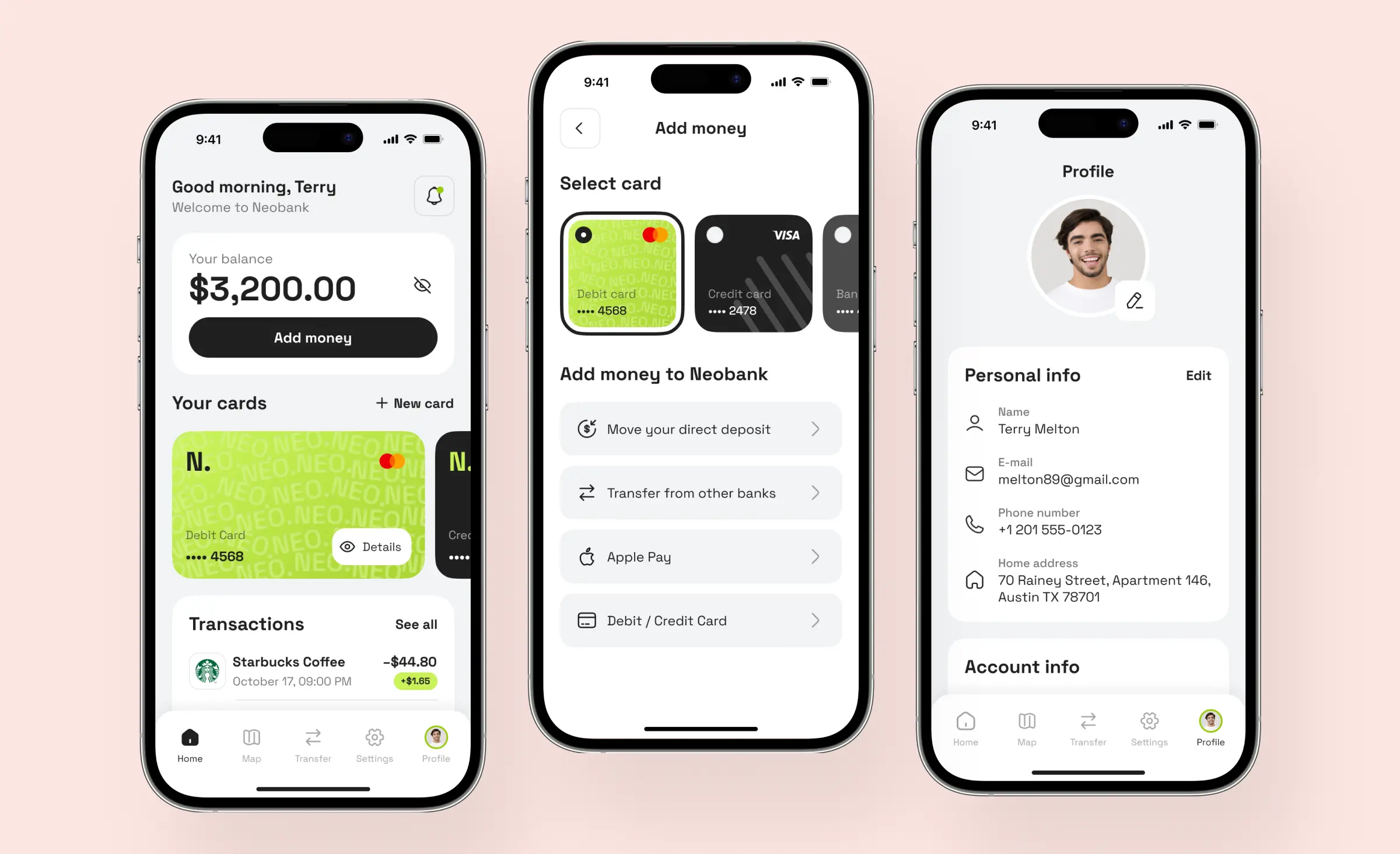 The illustration features three screens of a neobank mobile application: a main screen displaying balance, cards, and transactions; a screen showing card operations; and a user profile with contact details and other information. We developed this application for our client as part of our outsourced Laravel application development services.