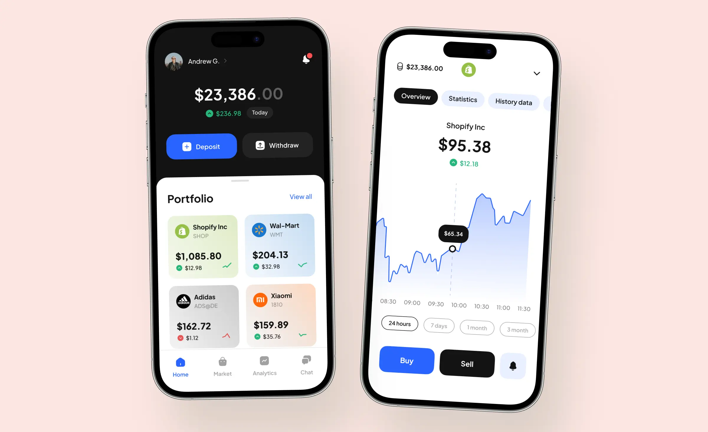 The illustration shows the design of an investment mobile application developed by Ronas IT for a client in Nigeria as part of our outsourced Laravel application development services. The first screen displays the homepage with the balance and portfolio, while the second screen provides investment details for a specific company, such as Shopify stocks.