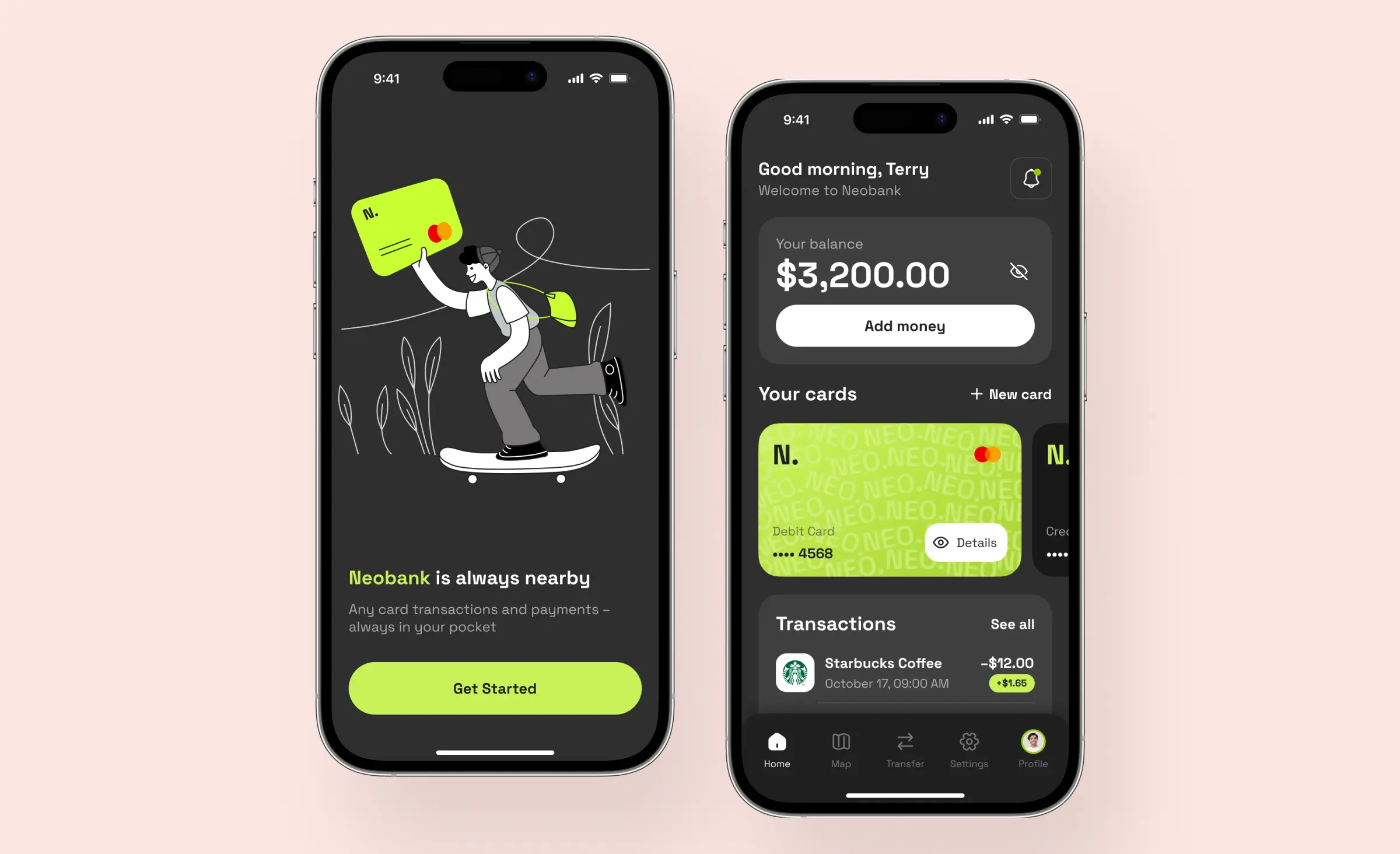 In the illustration, there are two screens of the Neobank app in dark mode. The first screen shows the start page with a "Get Started" button, featuring an illustration of a cheerful character on a skateboard holding a Neobank card in one hand. The second screen displays the home screen with account balance, cards, and recent transactions. This app is an illustration of our outsourced Laravel application development services.