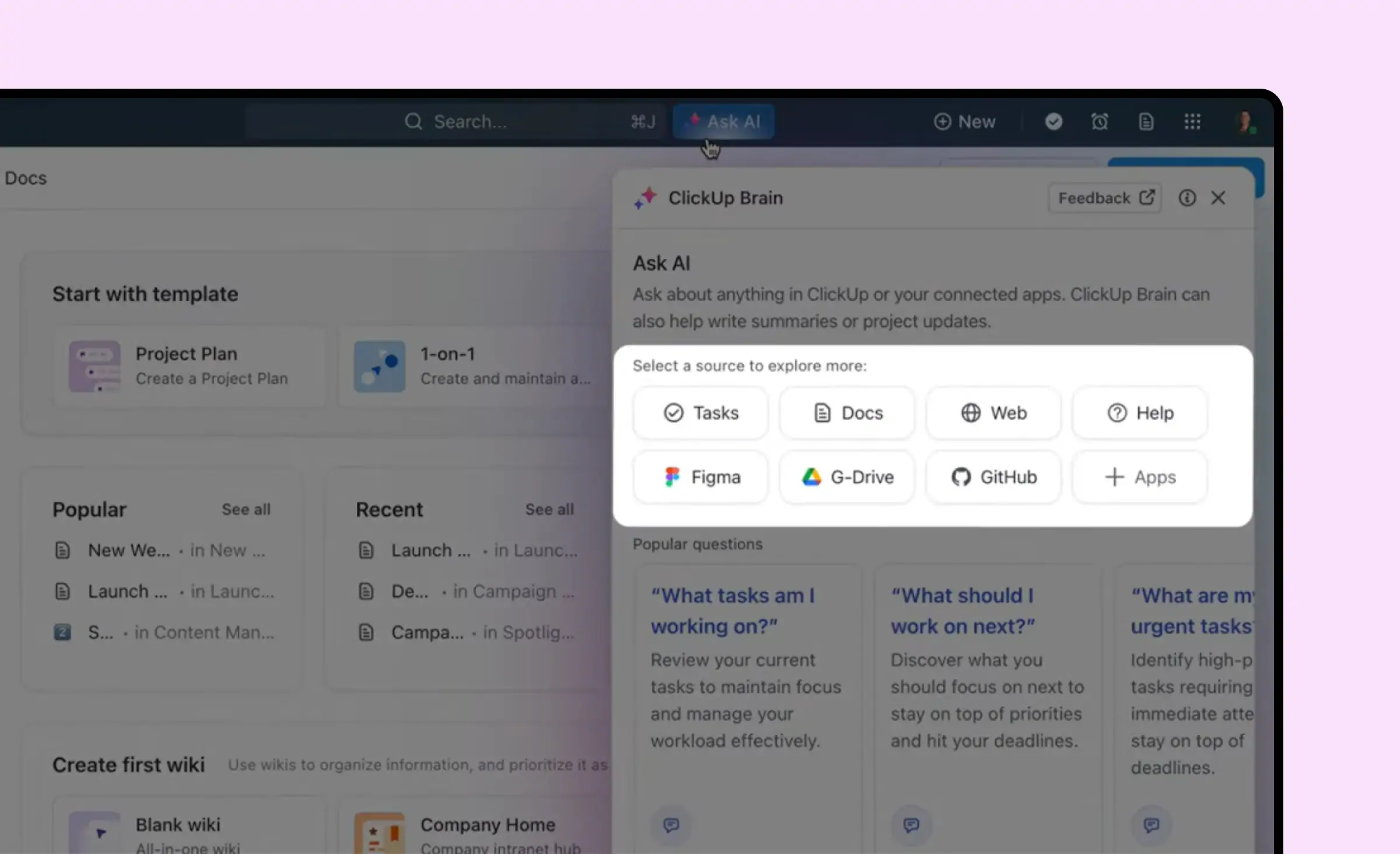 Screenshot of ClickUp Brain AI interface suggesting tasks, docs, and integration options, highlighting how AI-powered tools can assist in reducing IT project chaos by streamlining project management and information access.