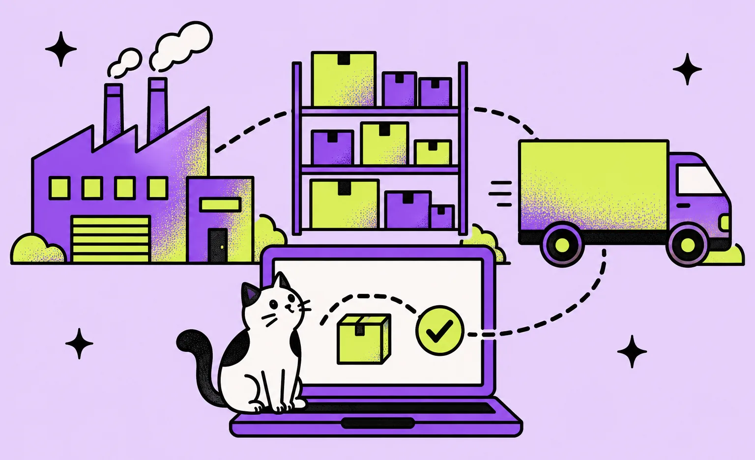 The Ronas IT cat mascot sits on a laptop as a dashed line links a factory, shelves of boxes, and a delivery truck to a check mark on its screen