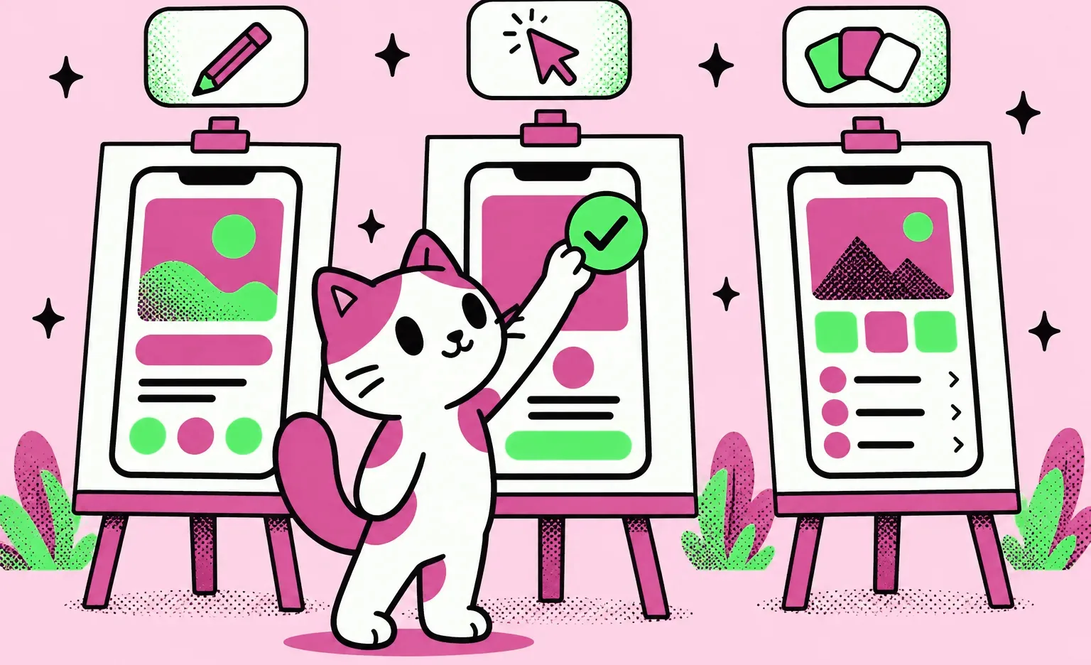 Choosing a design company: the Ronas IT cat mascot pins a check badge to the middle of three easels, each with a different phone screen design.