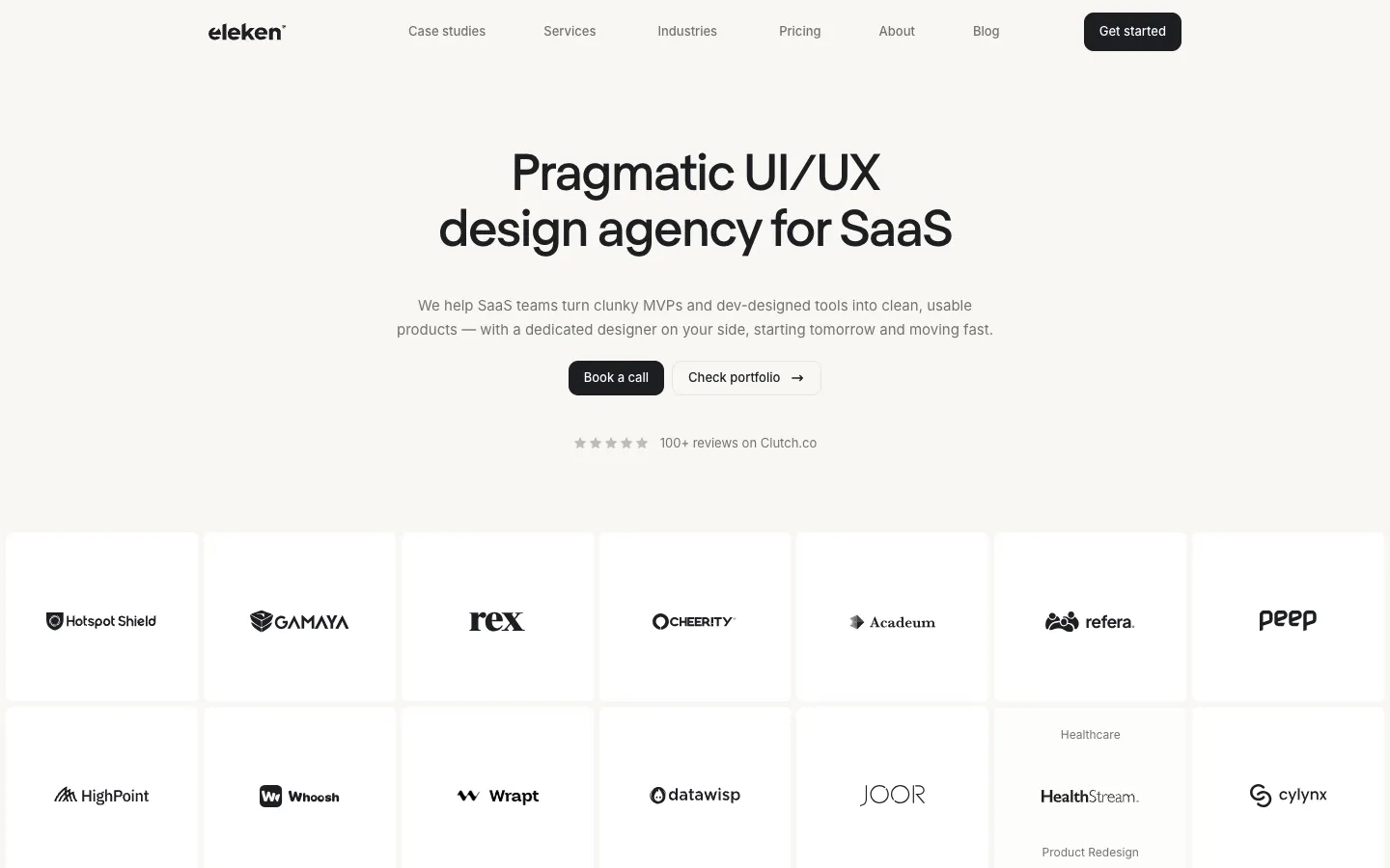 Eleken homepage: the headline Pragmatic UI/UX design agency for SaaS, Book a call and Check portfolio buttons, and a grid of client logos.