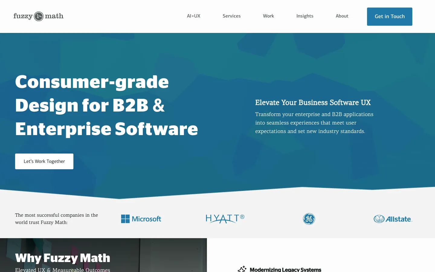 Fuzzy Math homepage: the headline Consumer-grade Design for B2B and Enterprise Software on a blue background, above a row of client logos.
