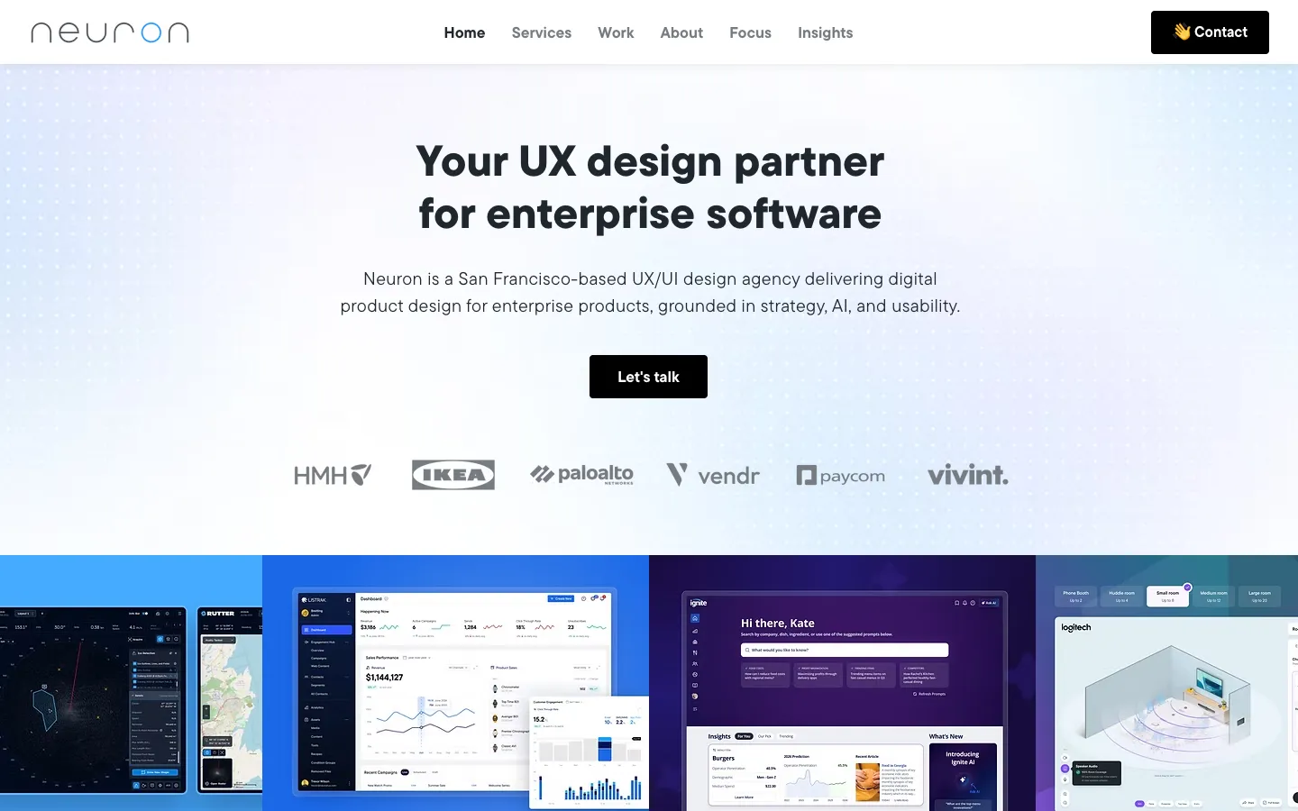 Neuron homepage: the headline Your UX design partner for enterprise software, a Let’s talk button, client logos, and a row of dashboard screens.