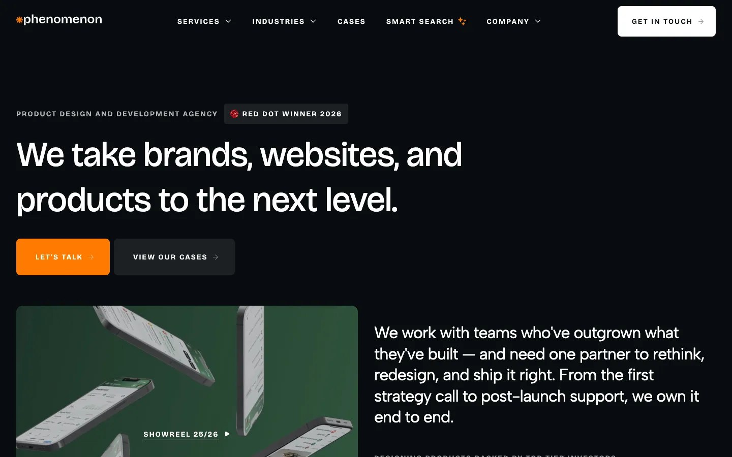 Phenomenon Studio homepage: the headline We take brands, websites, and products to the next level on black, with an orange Let’s talk button.