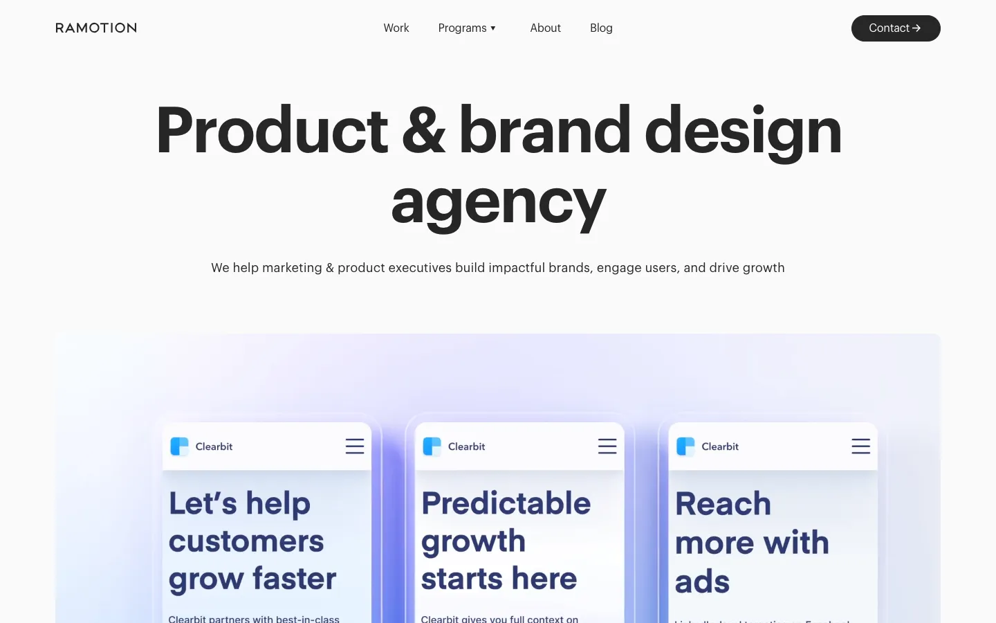 Ramotion homepage: the headline Product and brand design agency above three Clearbit phone screens.