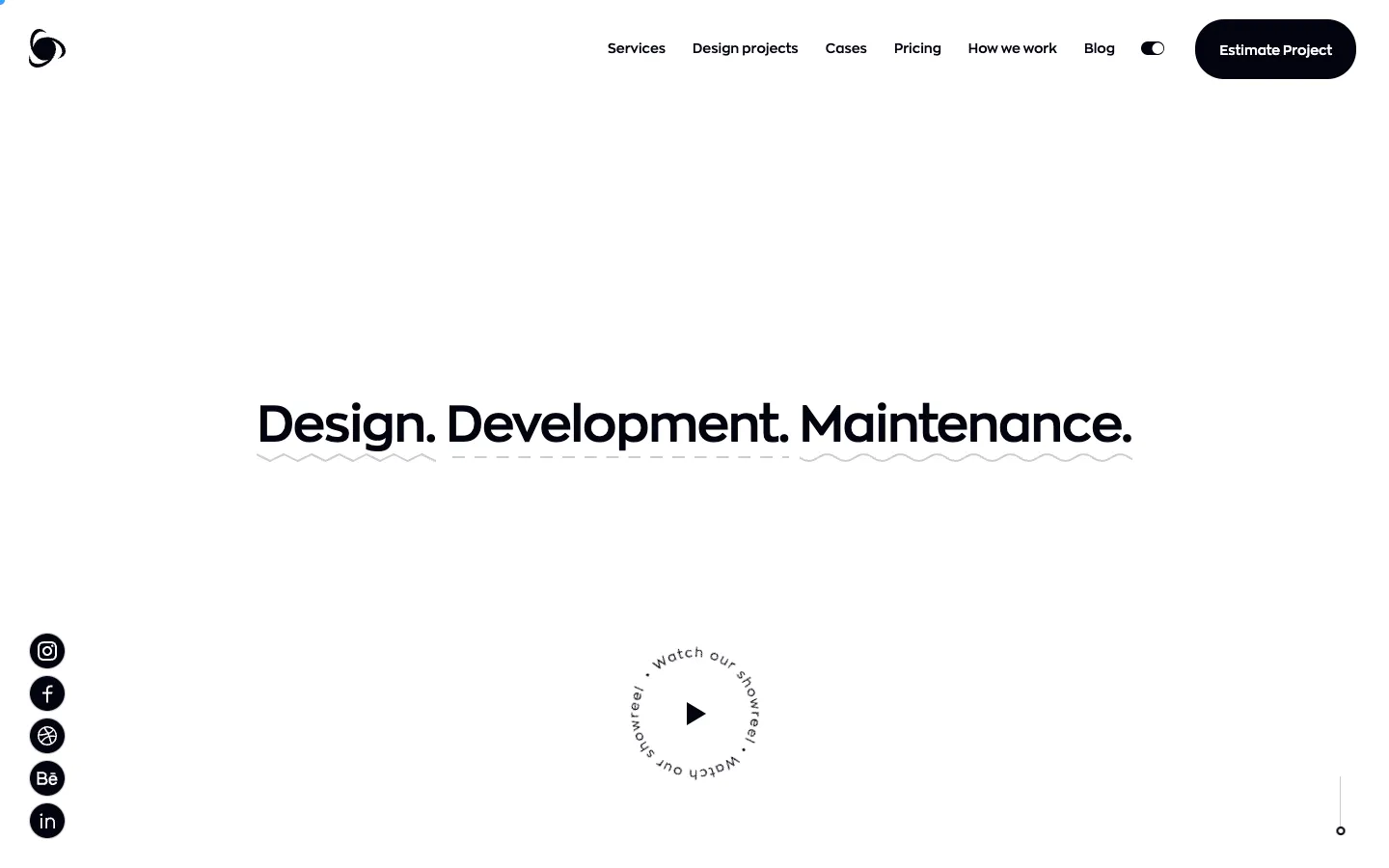 Ronas IT homepage: the headline Design. Development. Maintenance. on a white background, a Watch our showreel button, and an Estimate Project button.