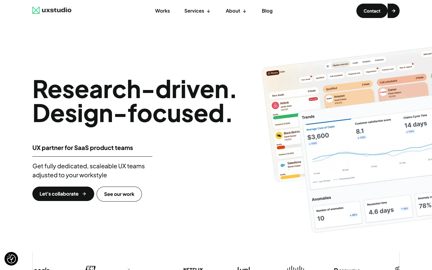 UX studio homepage: the headline Research-driven. Design-focused. above the line UX partner for SaaS product teams, next to a dashboard mockup.