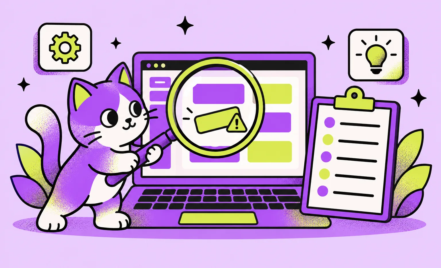 The Ronas IT cat mascot holds a magnifying glass over a laptop screen with a crooked button and a warning sign, next to a checklist
