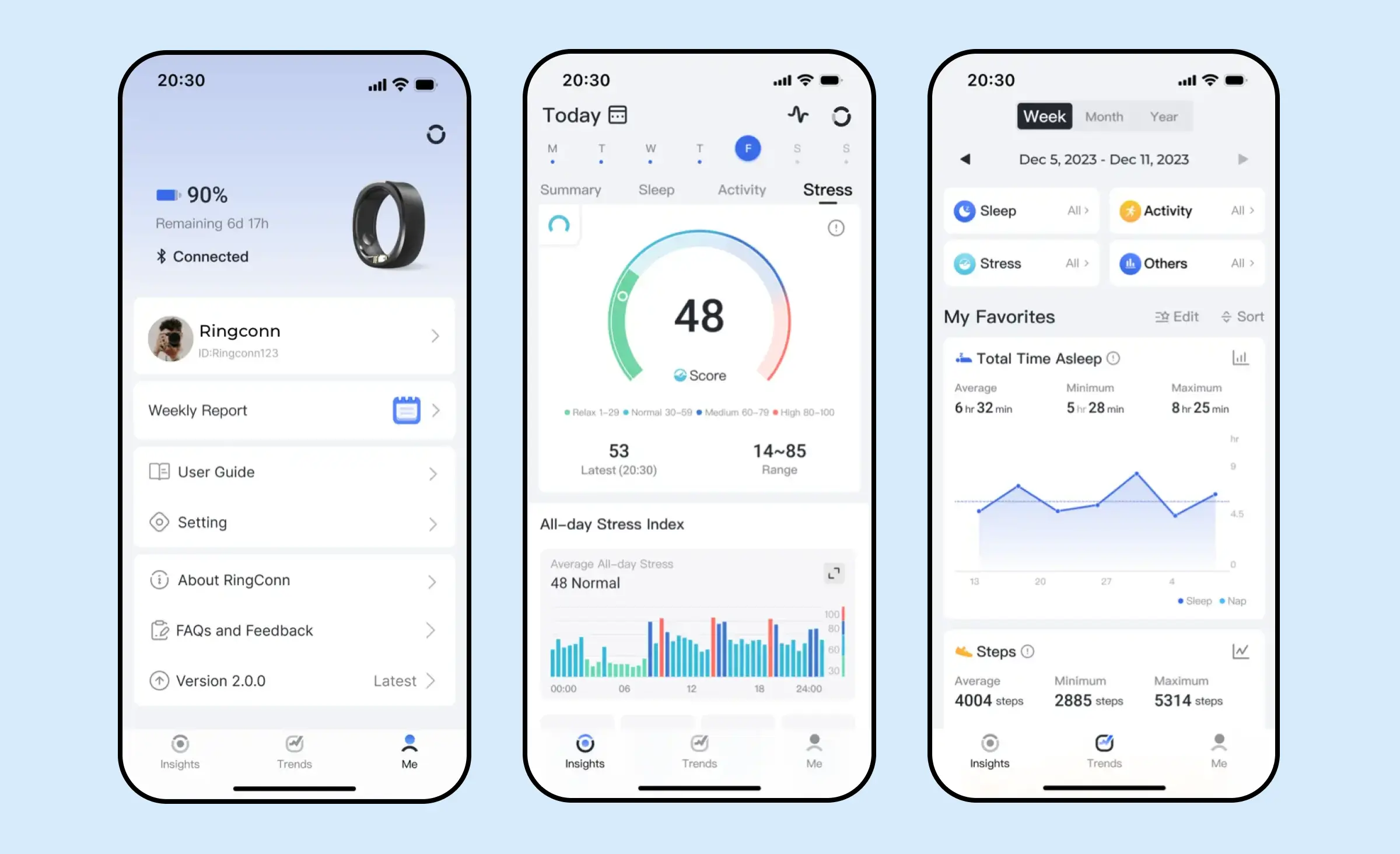 Three RingConn mobile app screens showing health data beside a smart ring.