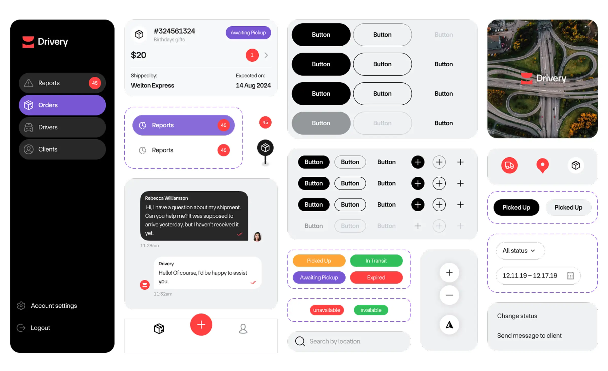 UI kit for a delivery app called Drivery, featuring an interface layout with navigation options like Reports, Orders, Drivers, and Clients. There are various button styles, status tags (like Picked Up, In Transit, Expired), and chat elements for customer support. The design elements are organized to facilitate user-friendly interaction, showcasing what is DesignOps in streamlining the design process for app efficiency.