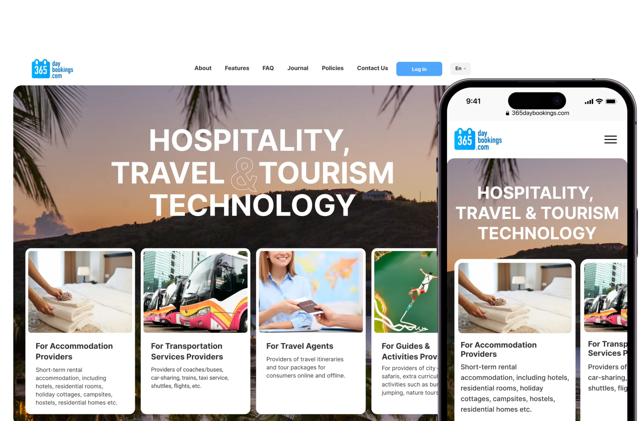 Desktop and mobile views of the booking platform landing page with hero header.