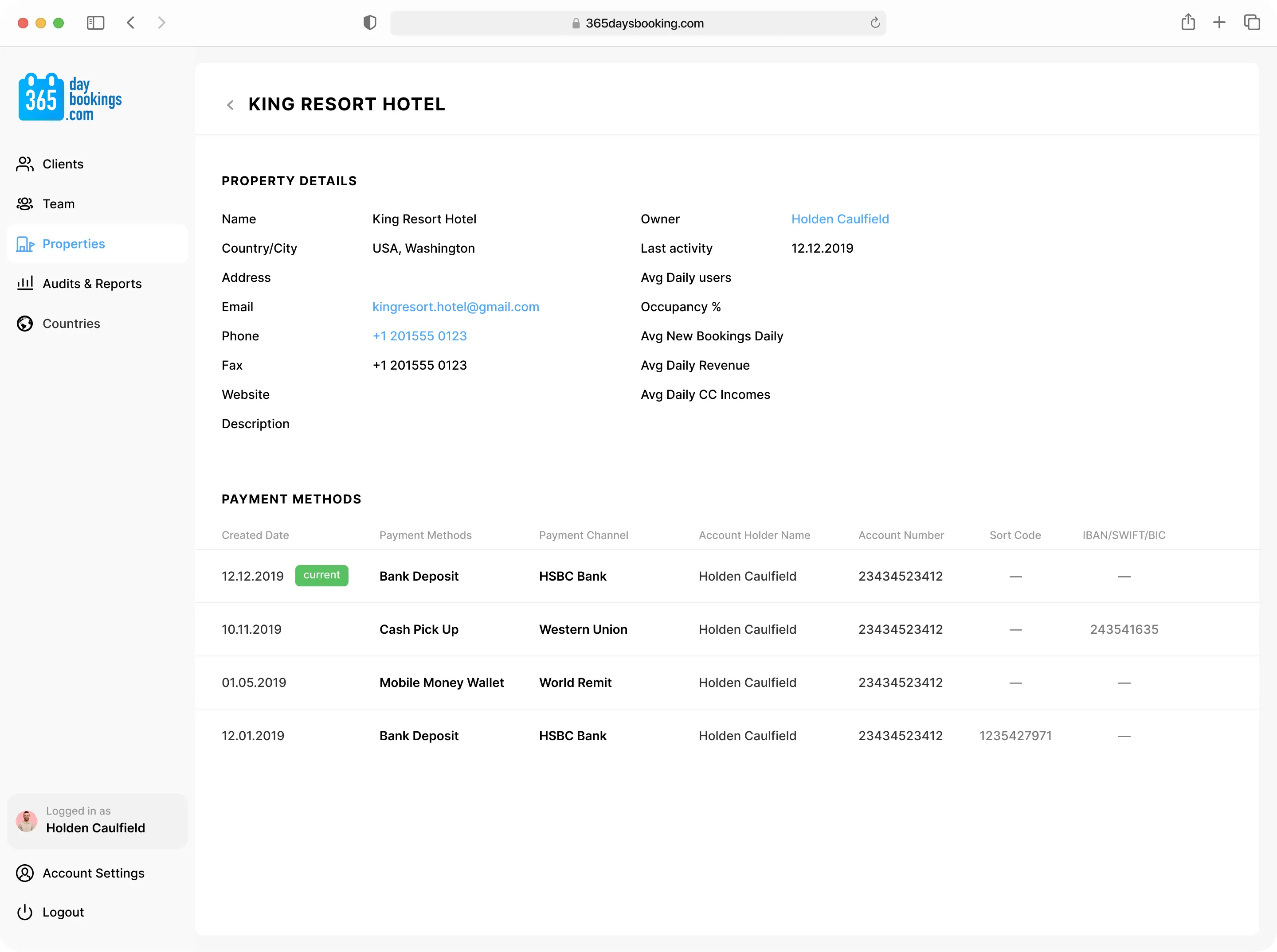 Admin dashboard table listing hotel reservations with guest and status columns.