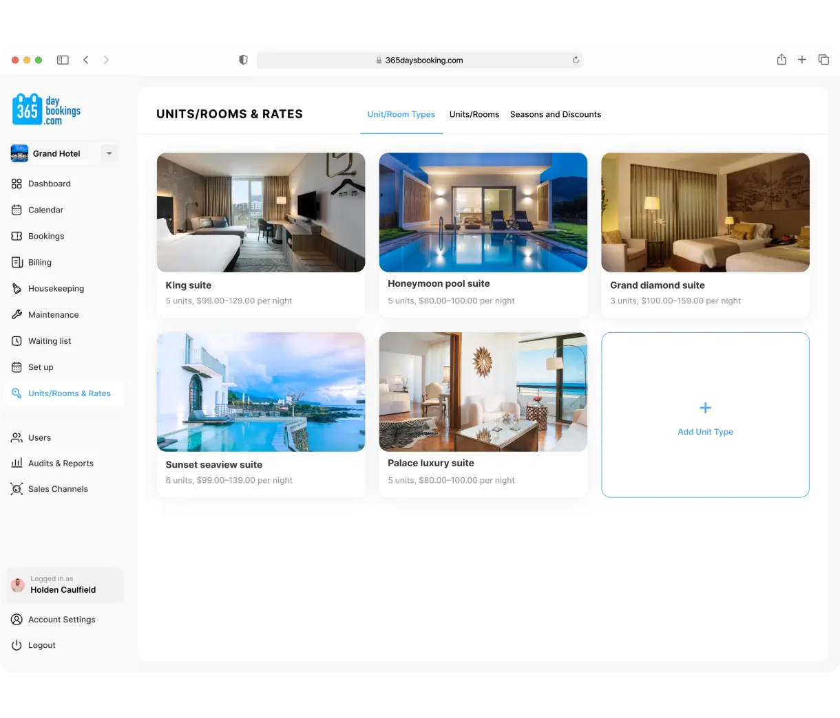 Admin interface managing hotel rooms with thumbnail photos and detail form.