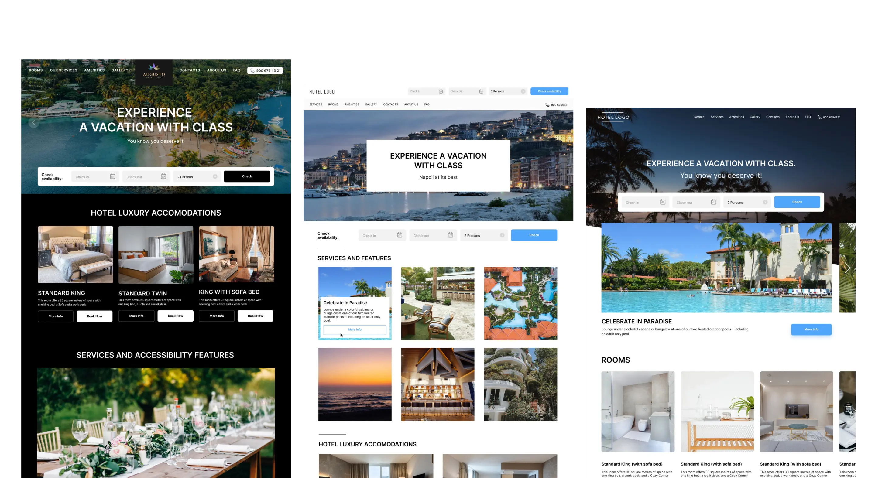 Several booking platform screens layered to show listing and search interfaces.