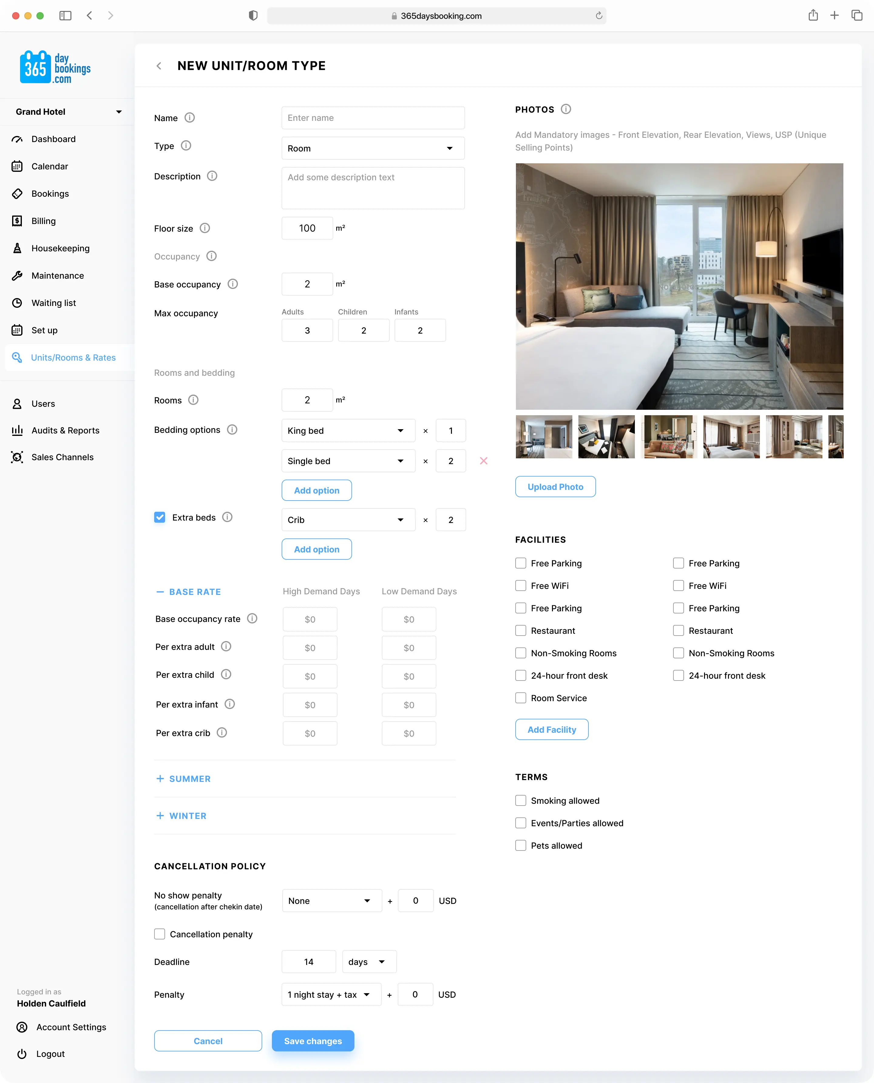 Property management dashboard with sidebar menu and room photo gallery.