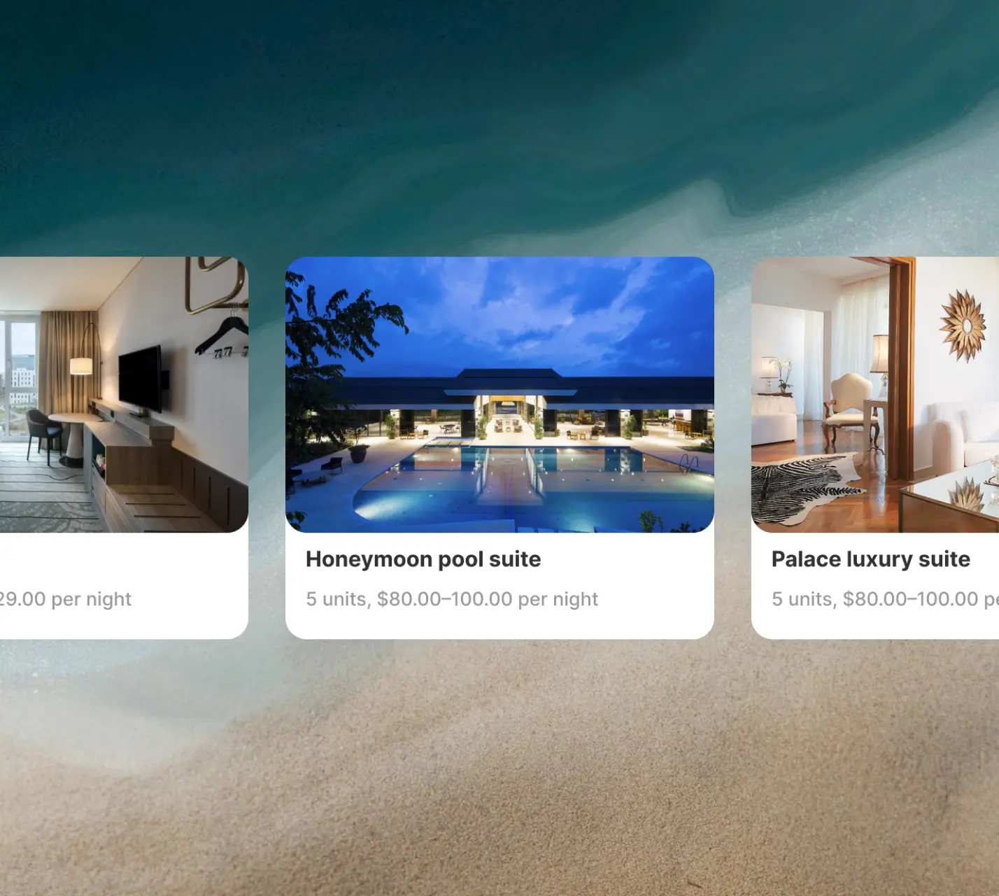 Room booking cards showing suites with prices per night over a beach backdrop.