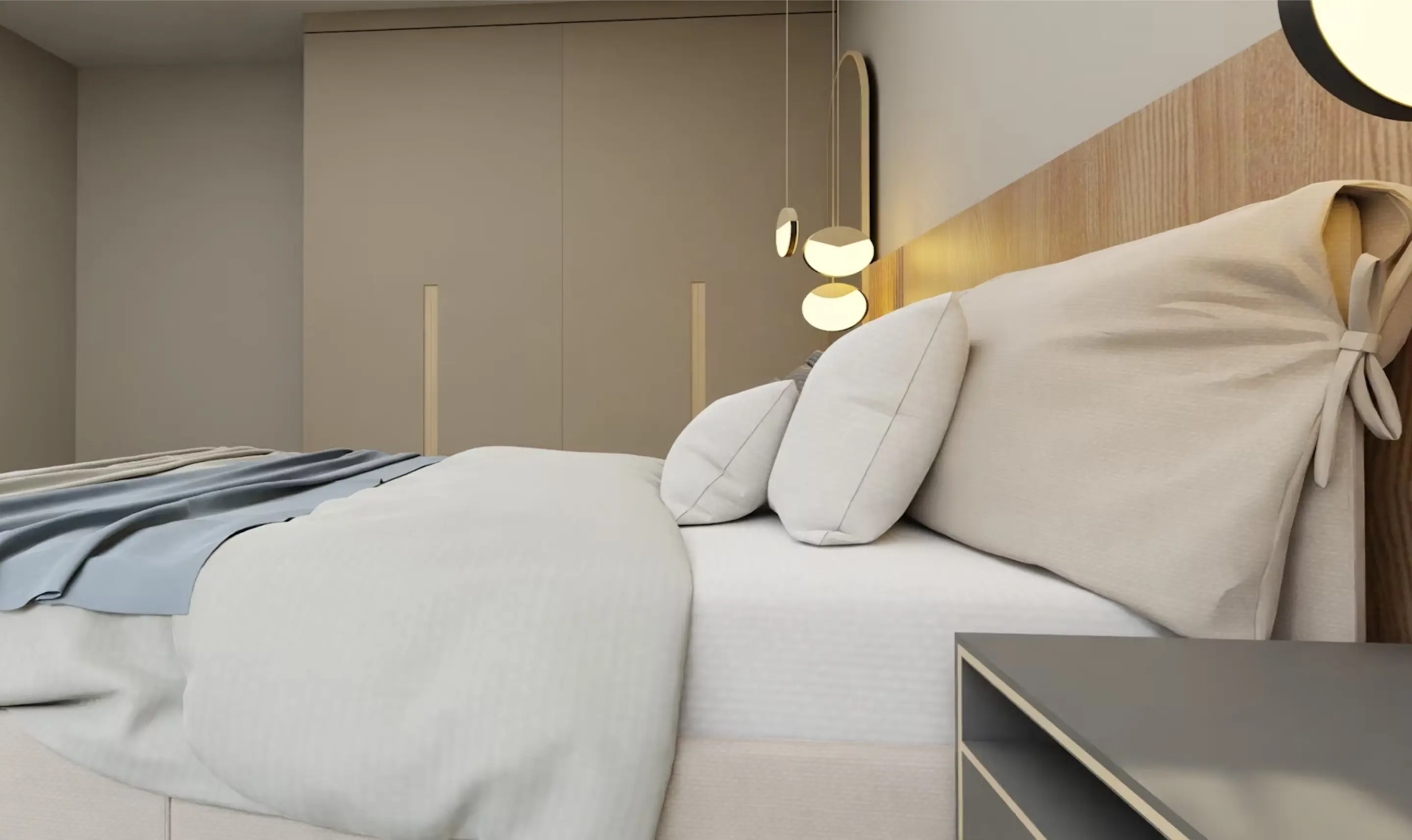 Hotel room with a neatly made bed and bright bedside window.