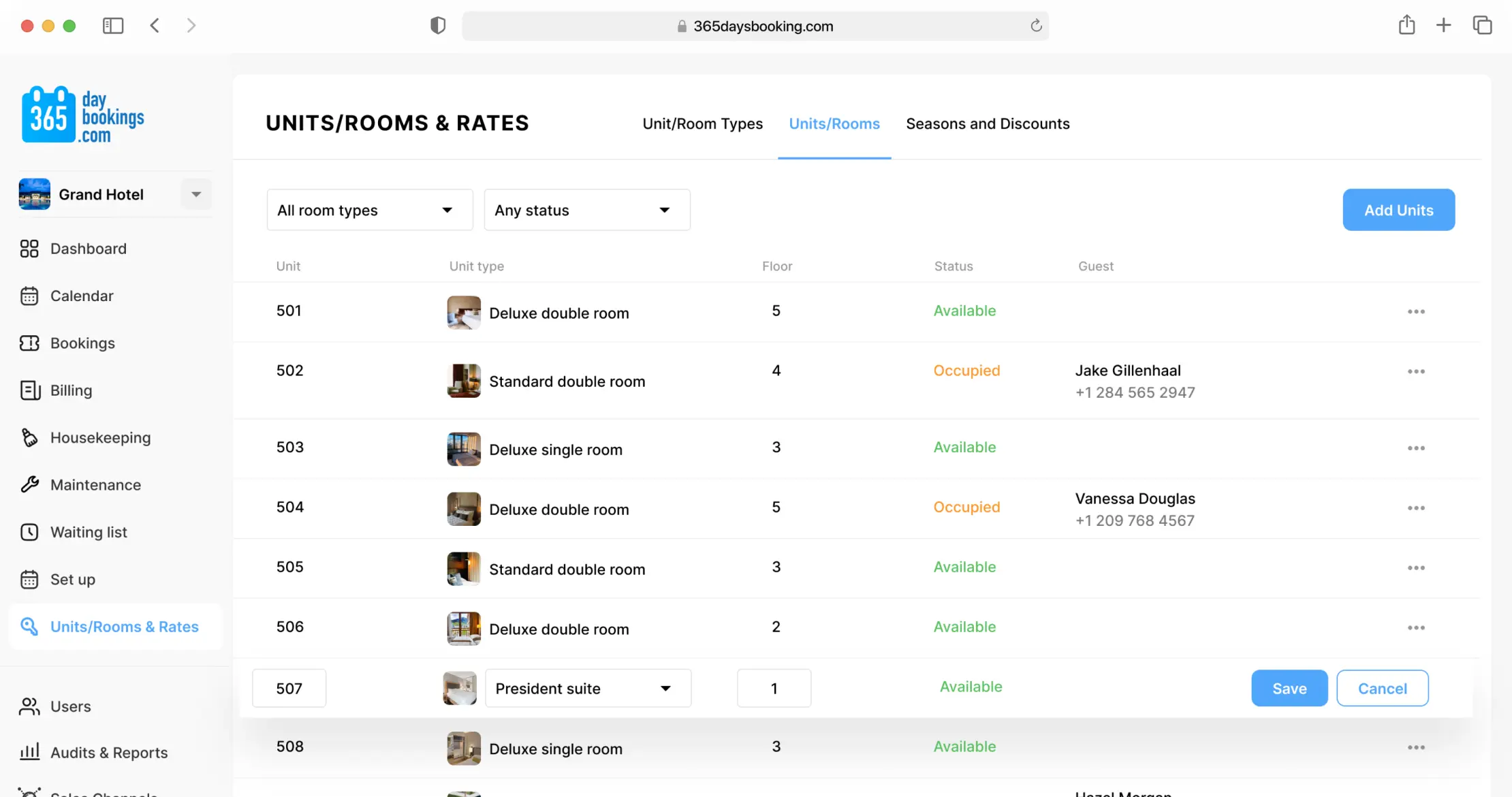 Reservation management dashboard listing hotel bookings in a sortable table.