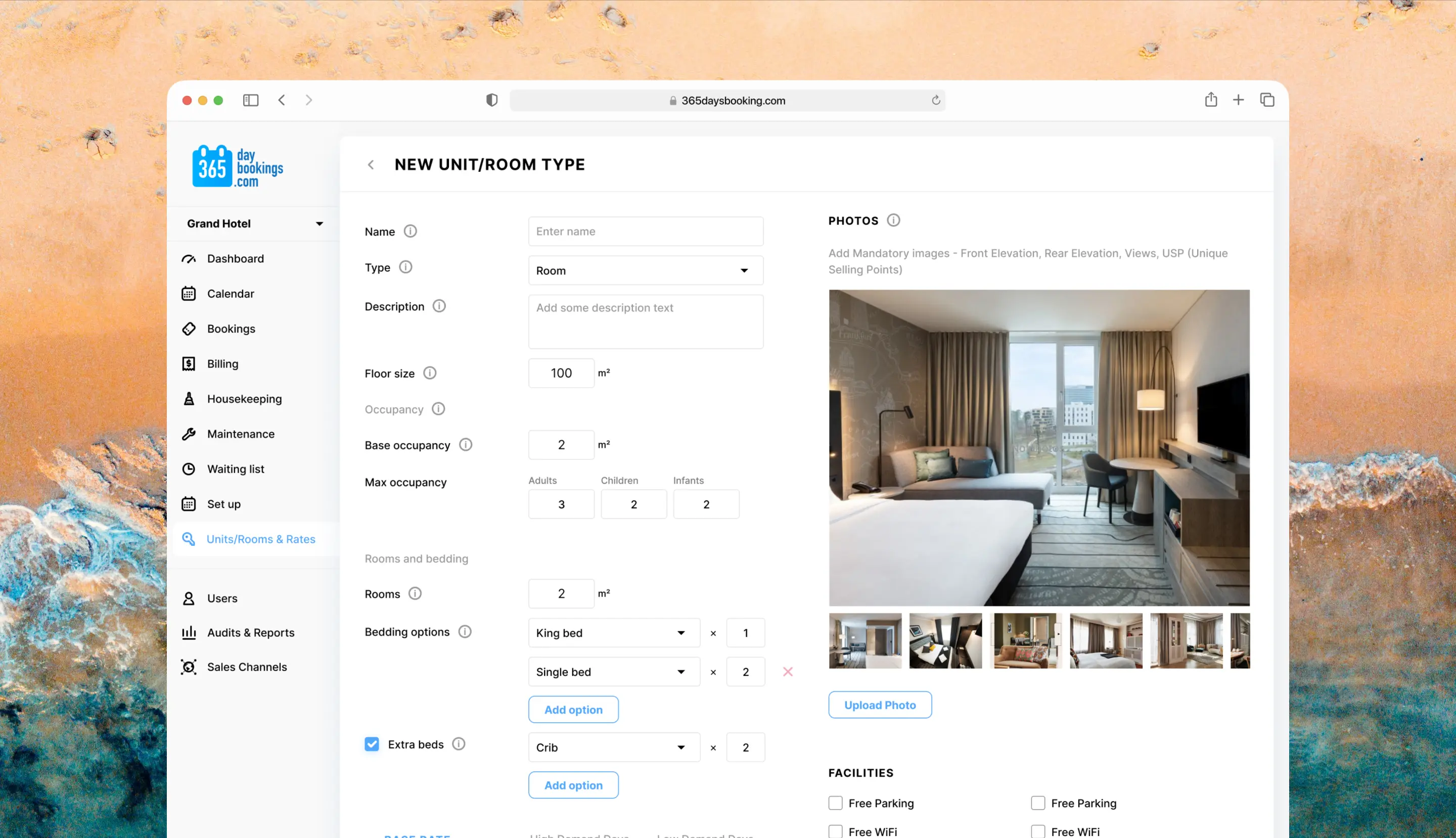 New room type form with photo upload and amenities beside a coastal background.