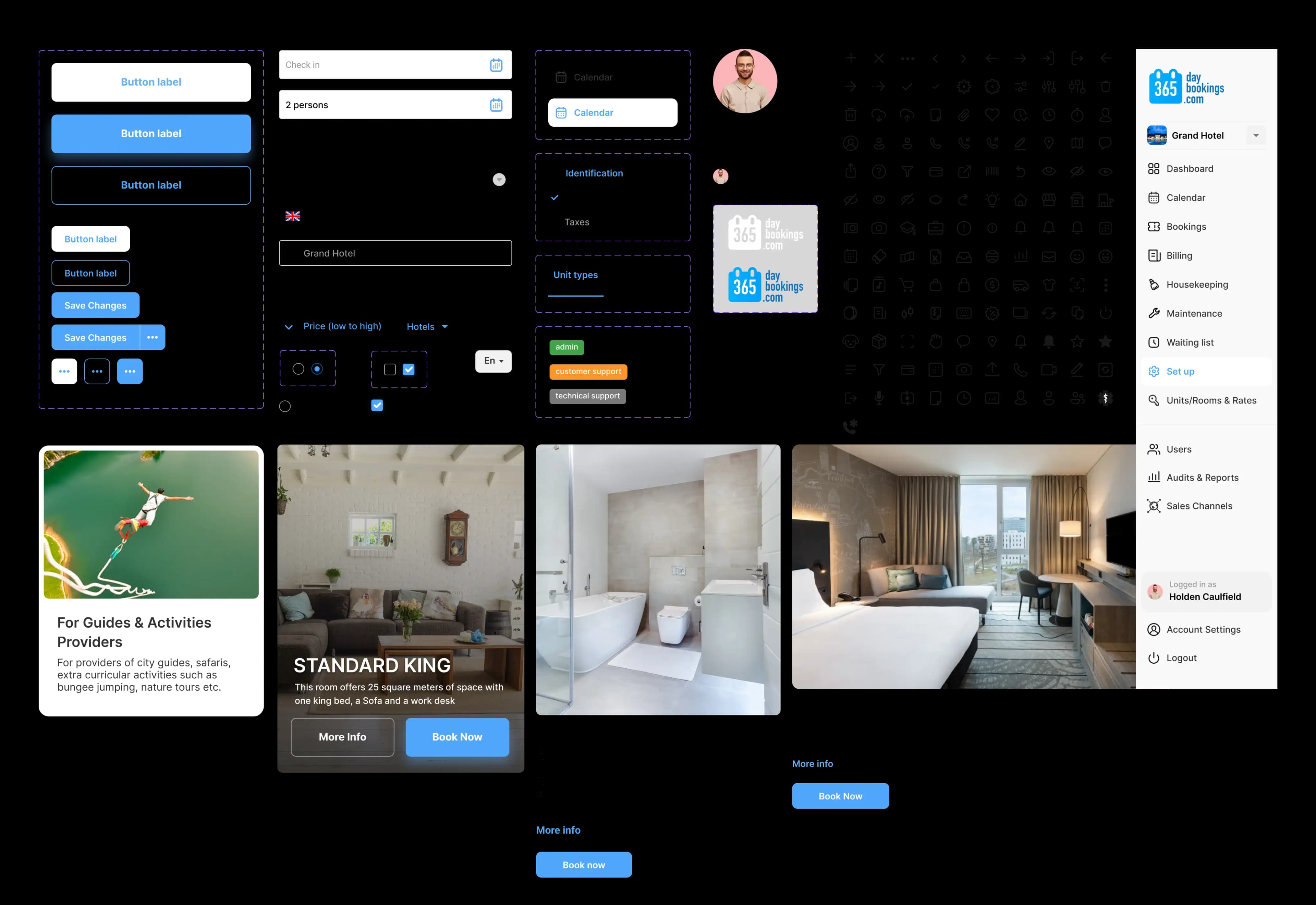 UI kit board with buttons, form controls, room cards and dashboard components.