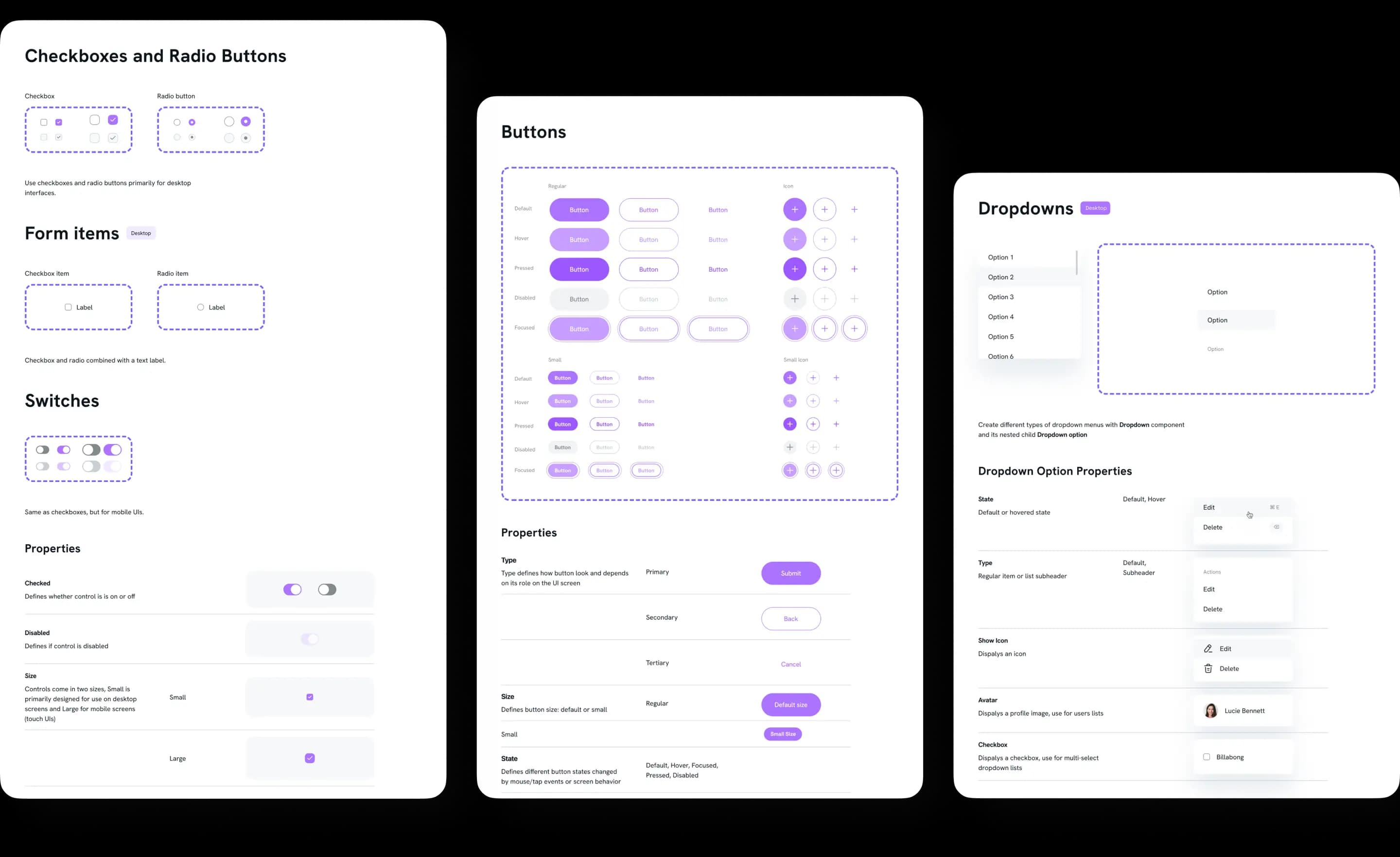 Design system components: buttons, checkboxes, switches, and dropdowns.