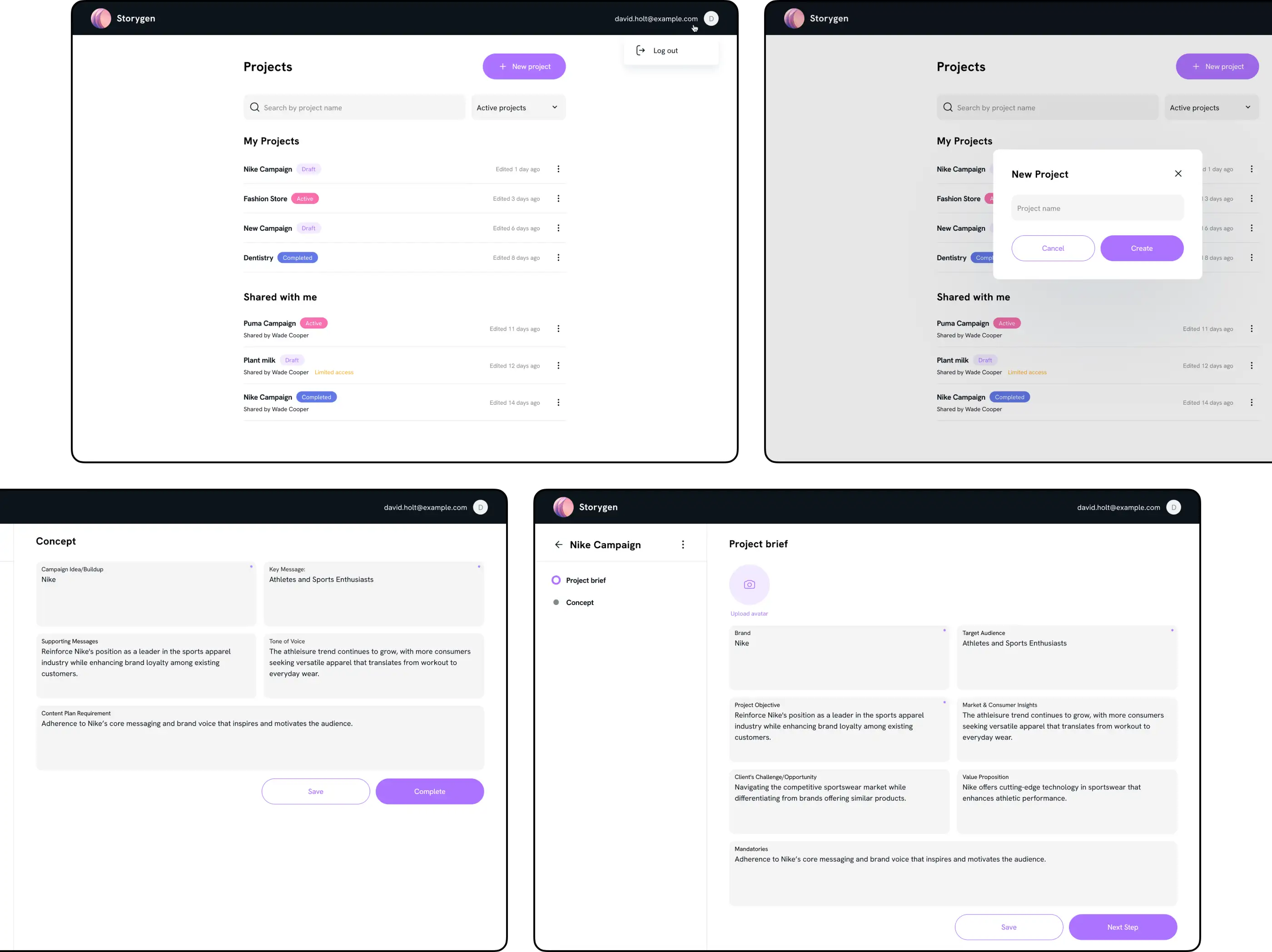 Dashboard listing creative campaign projects in a sidebar layout.