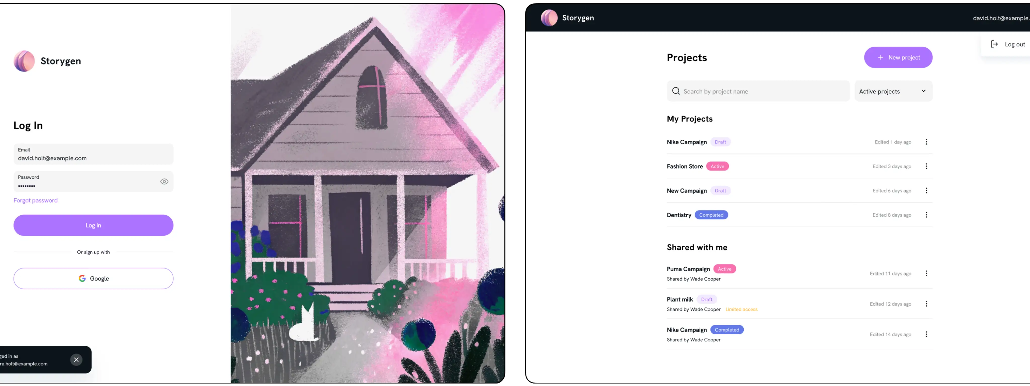 Design concept screens: a log-in page and a projects dashboard.