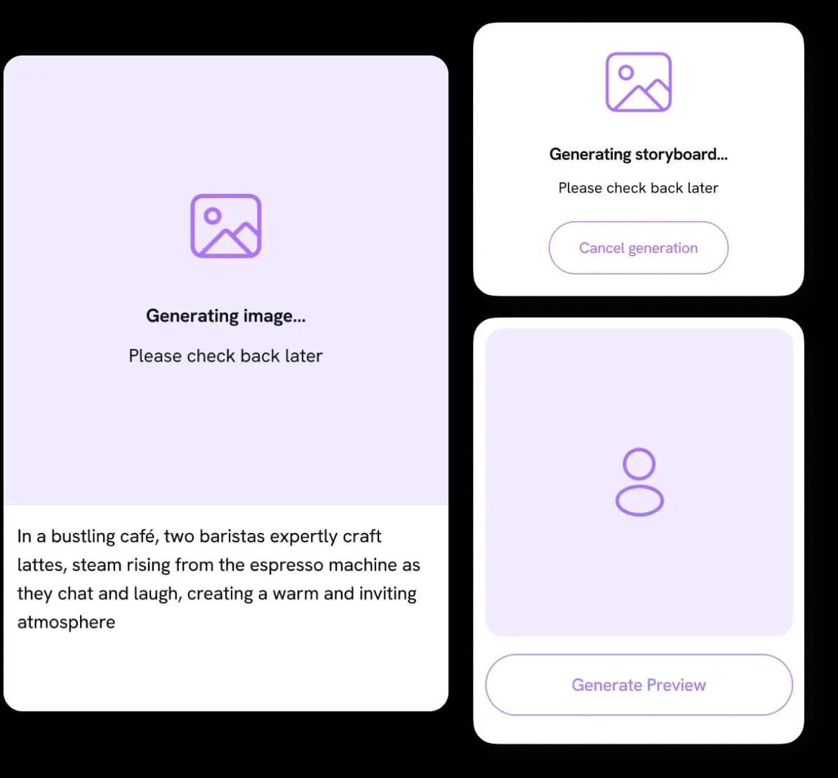 Mobile screens with matching generation states for images and storyboards.