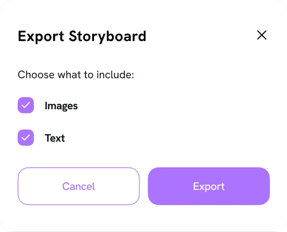 Export dialog for choosing what to include in a storyboard.