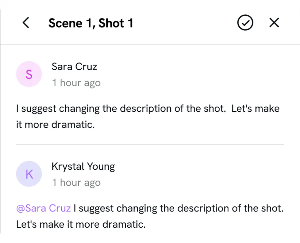 Comment thread on a storyboard shot with replies from two collaborators.