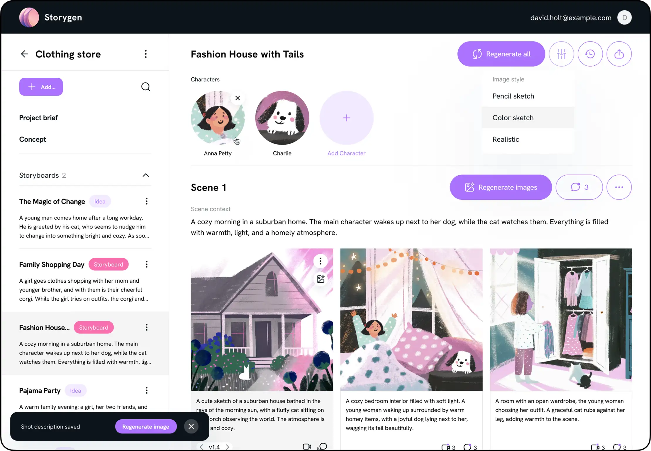 Storyboarding dashboard displaying generated scenes and project tools.