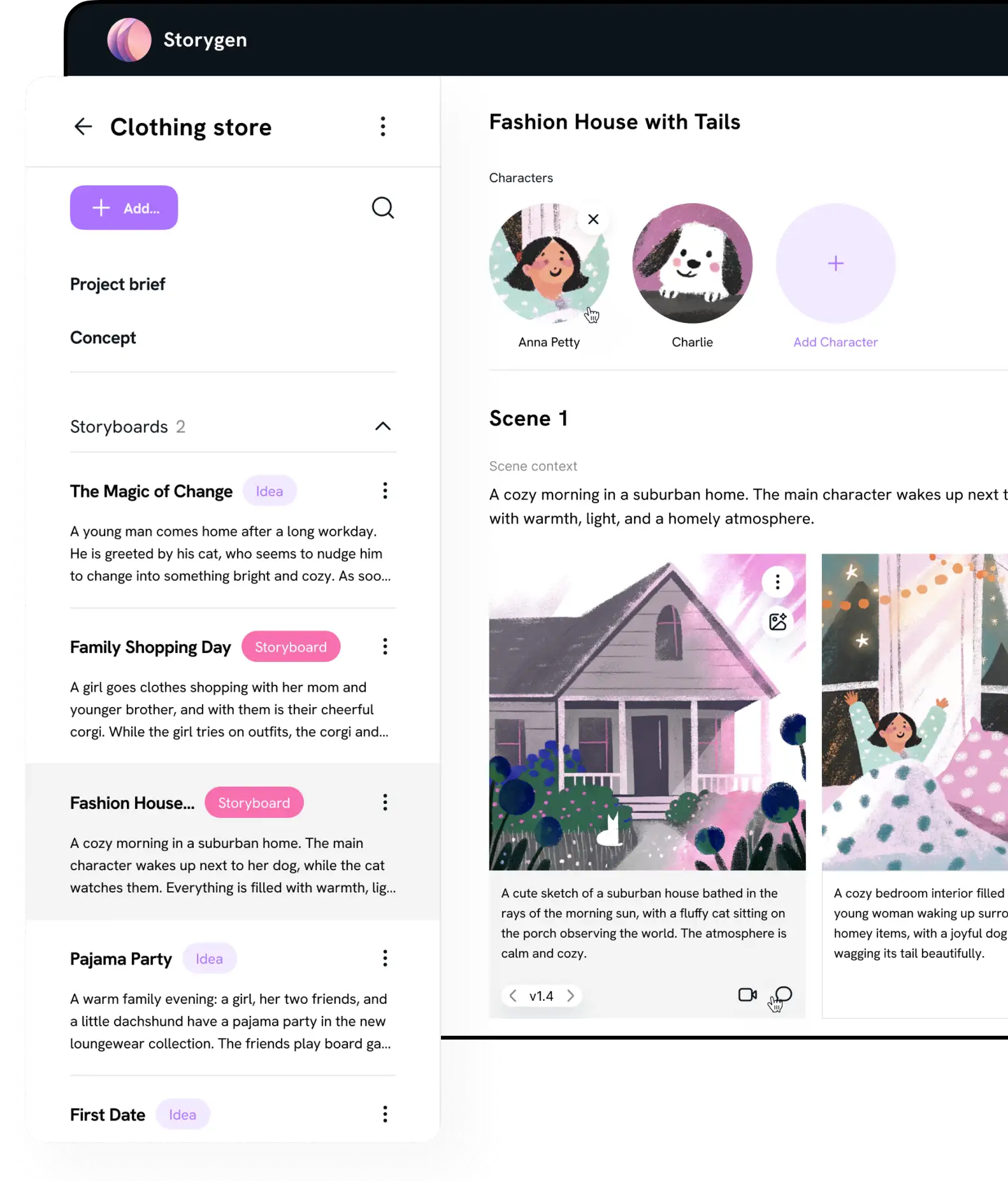 Storyboard screen with a navigation sidebar on the left.