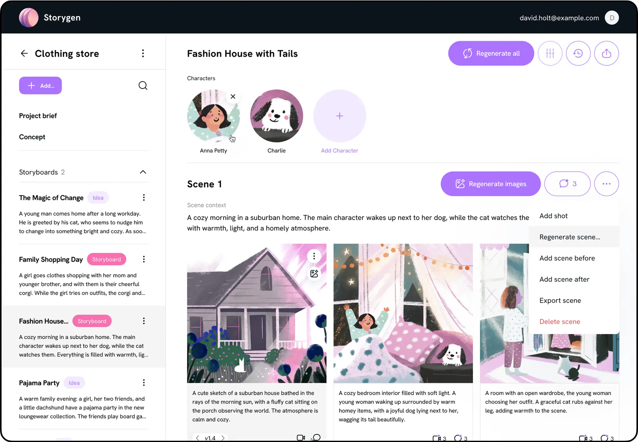 Interface offering options to regenerate a storyboard scene.