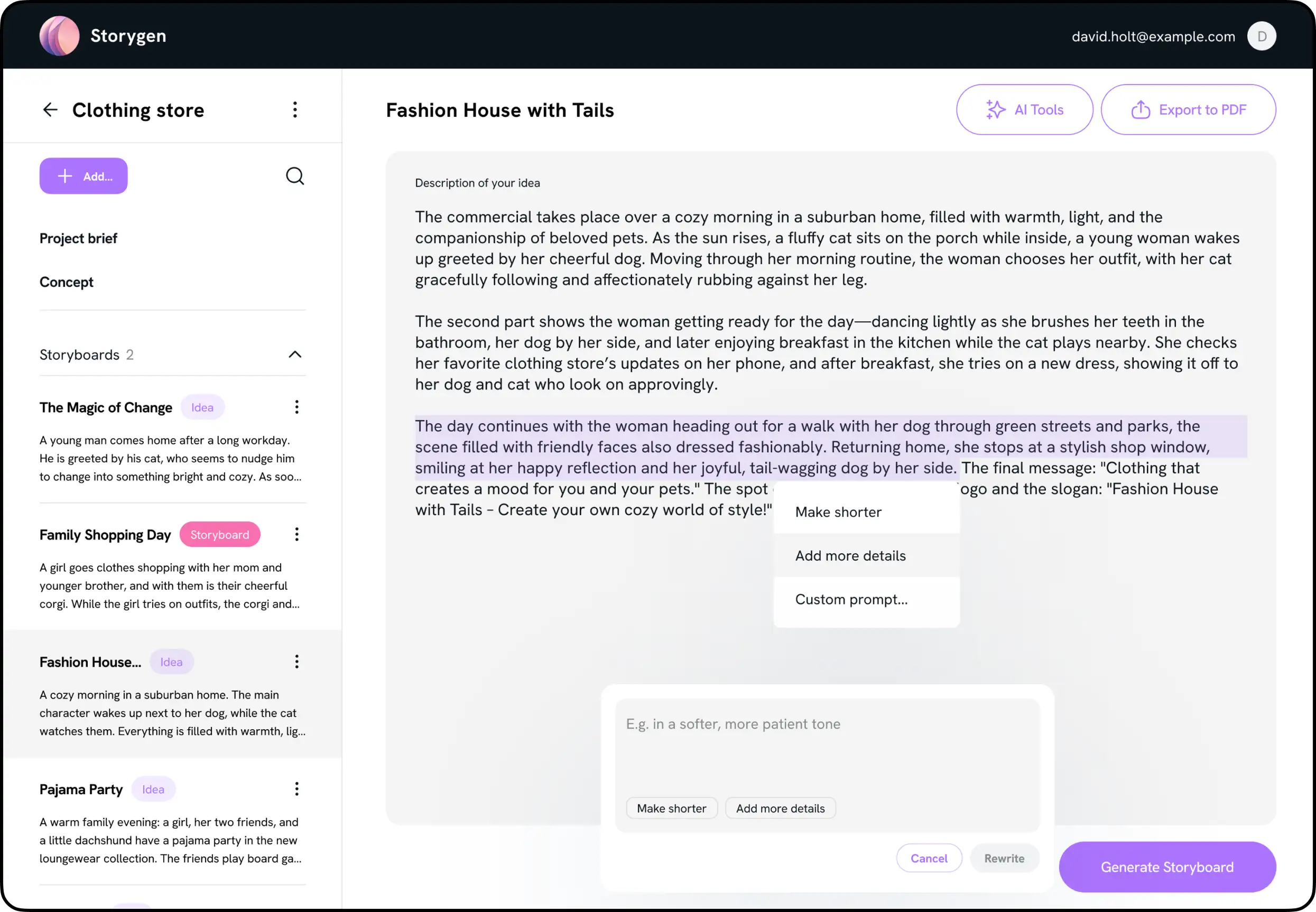 Storyboard editor with scene description text and AI controls.