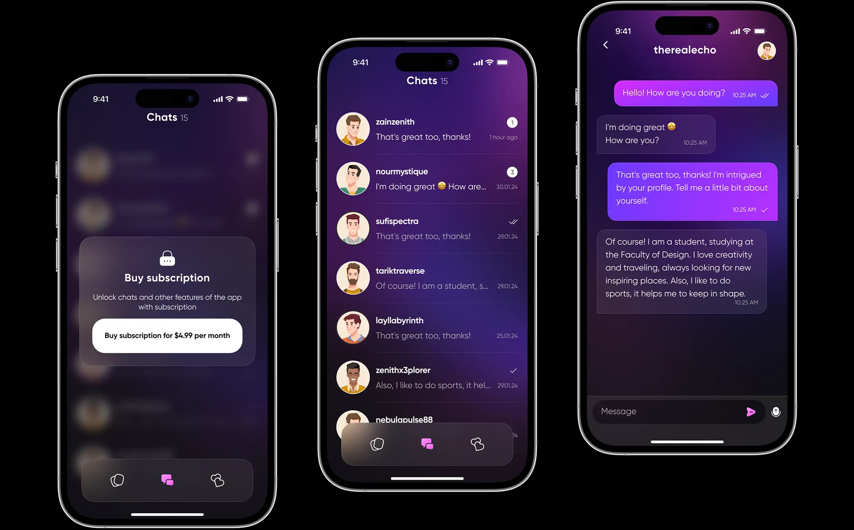 Buke chat screens showing a subscription prompt, recent chats and an open conversation.