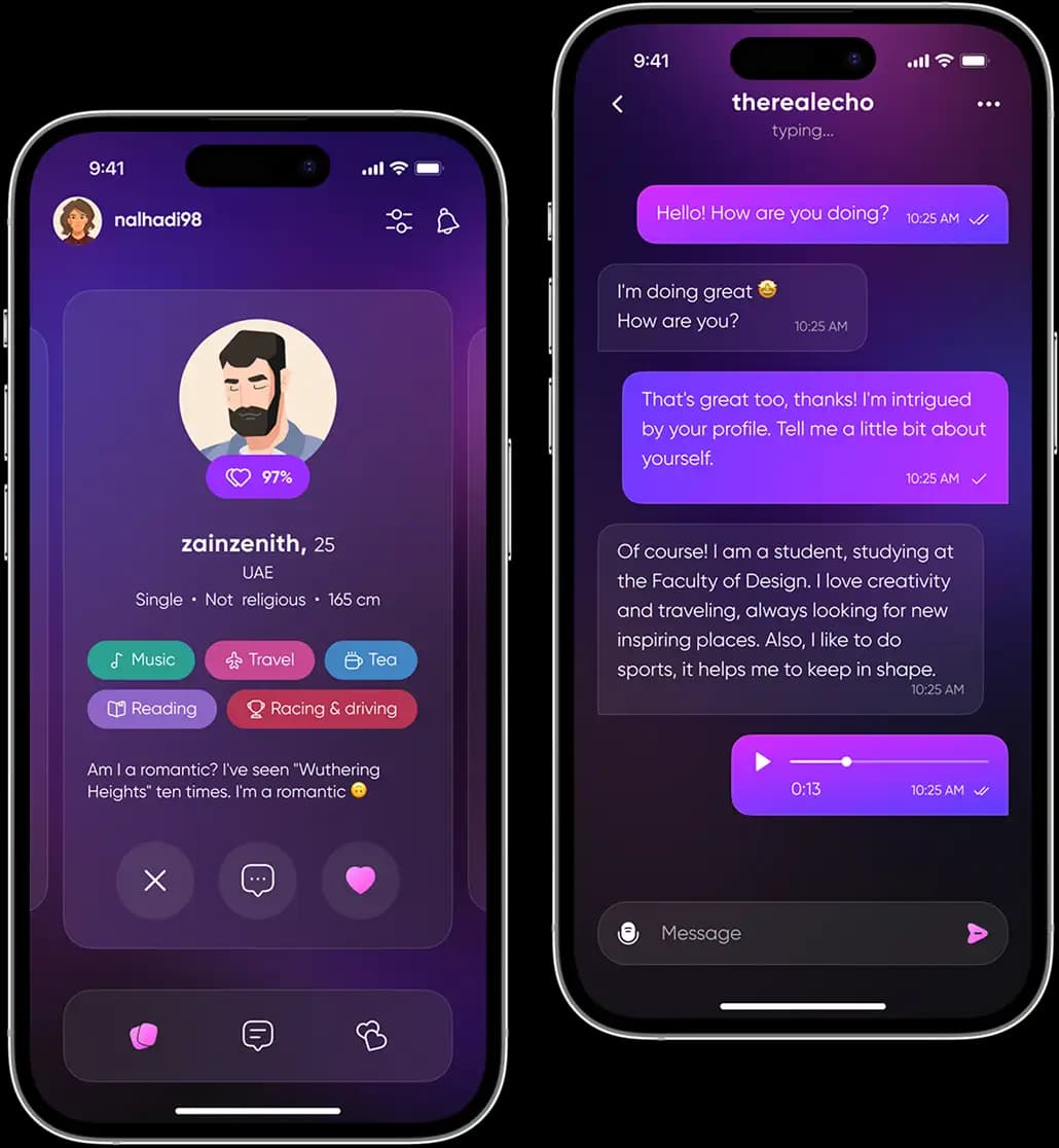 Buke dating app profile and chat screens showing interests, match score, messages and a voice note.