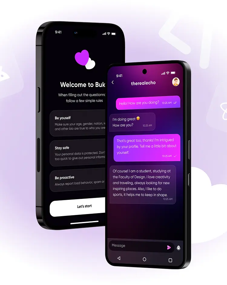 Two phones showing the Buke app: an onboarding screen on iOS and a chat on Android.