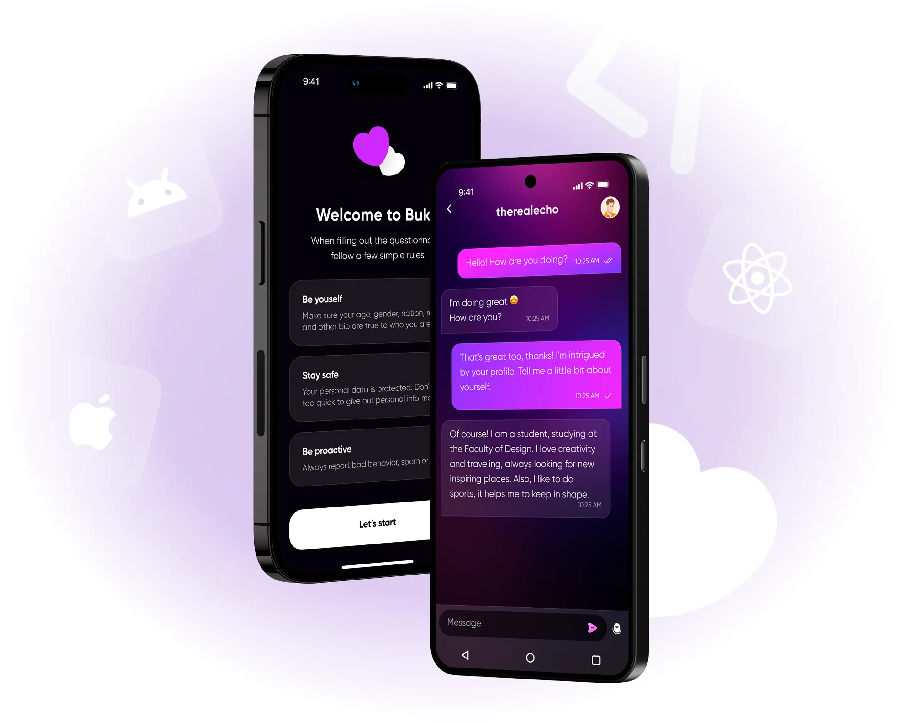 Two phones showing the Buke app: an onboarding screen on iOS and a chat on Android.