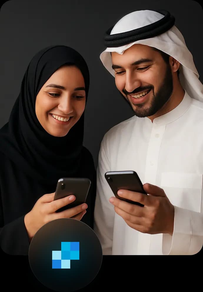 A smiling couple looking at their smartphones, with the blue SendGrid logo in the corner.