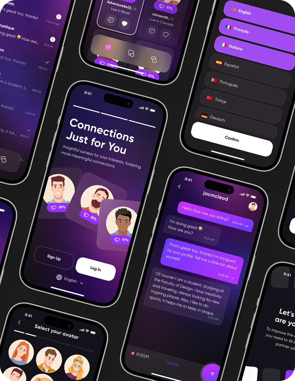 Angled montage of Buke app screens — onboarding, chat, and settings — in dark UI.